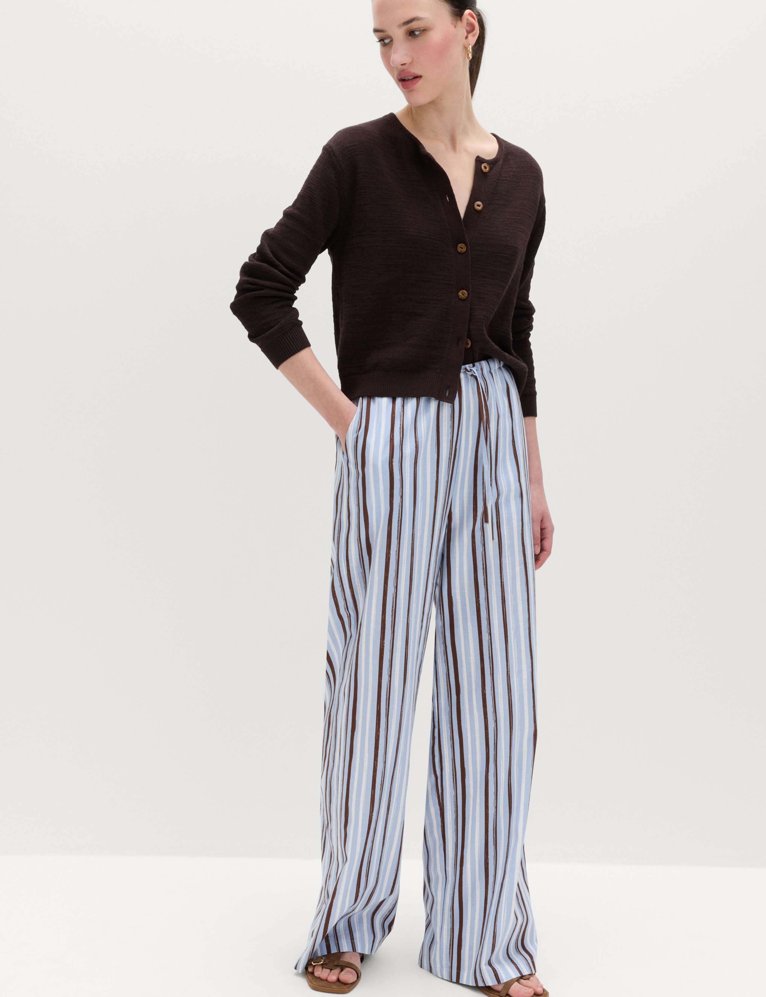 Pure Cotton Striped Wide Leg Trousers 1 of 6