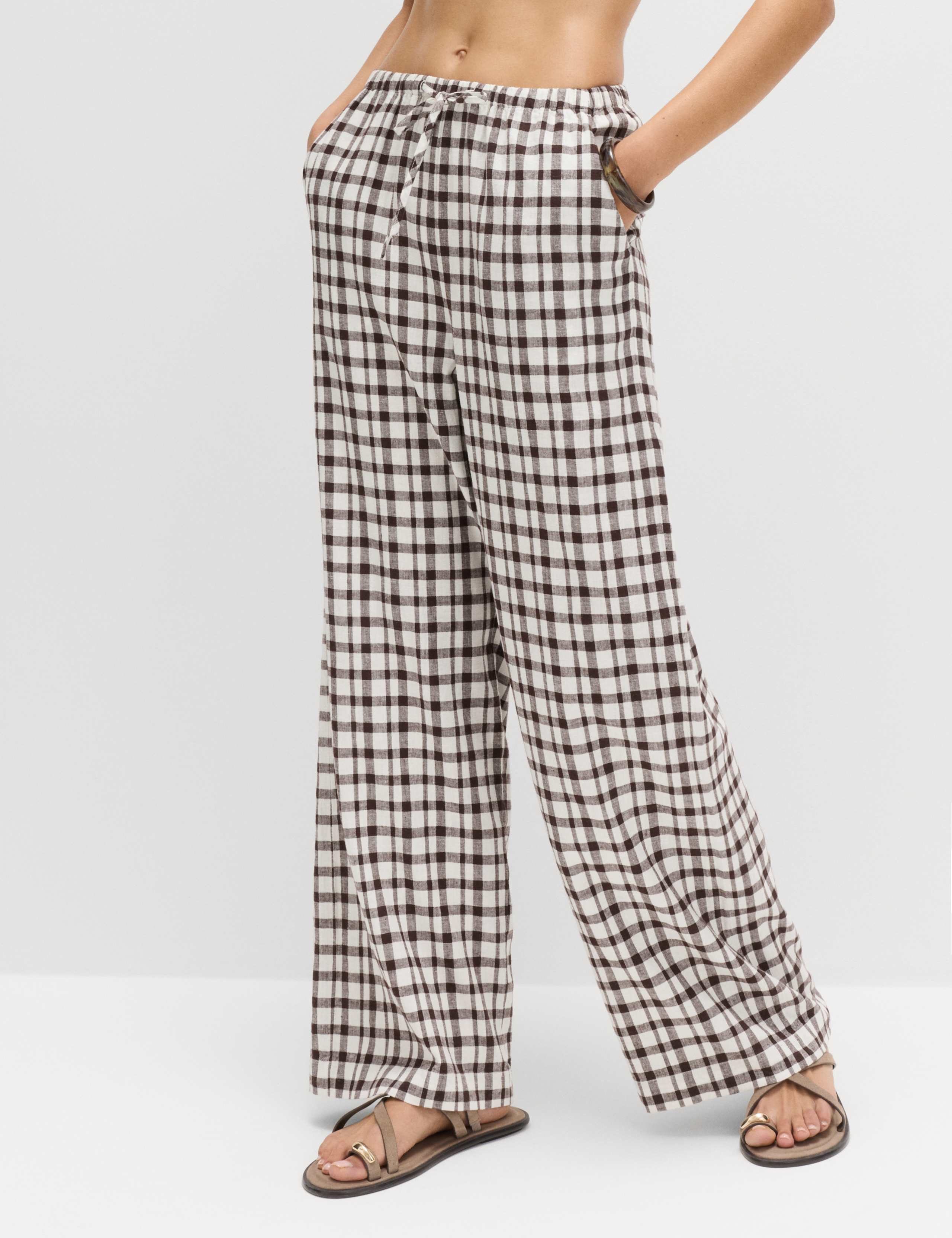 Linen Rich Gingham Wide Leg Trousers 1 of 6