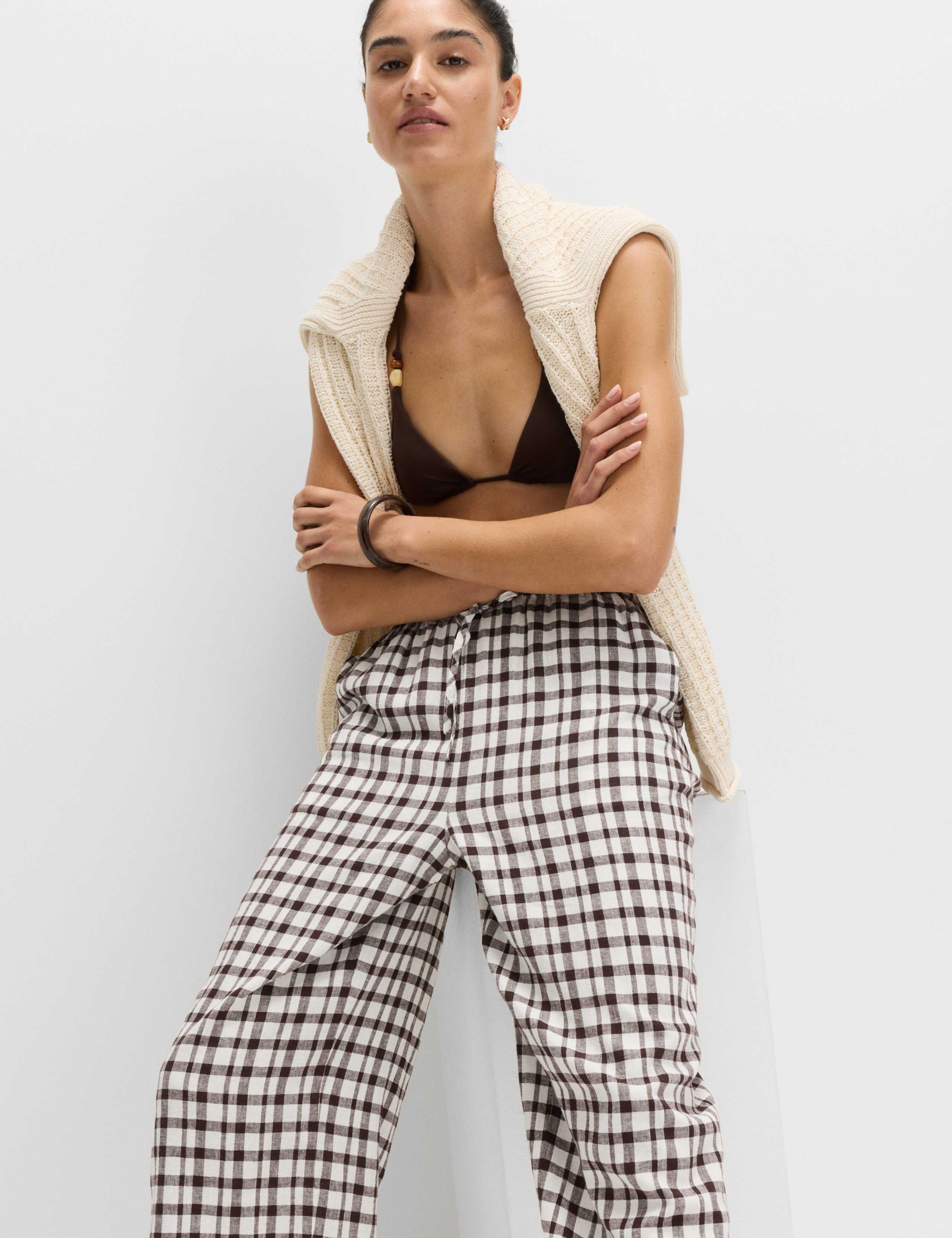 Linen Rich Gingham Wide Leg Trousers 6 of 6