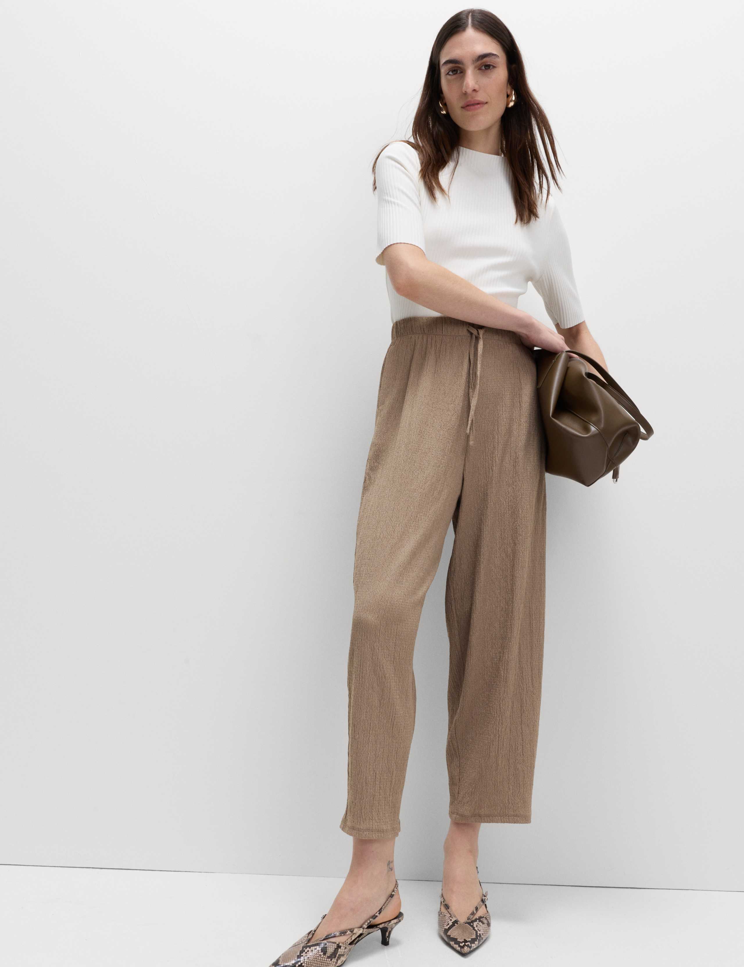 Textured Elasticated Waist Carrot Leg Trousers 1 of 5