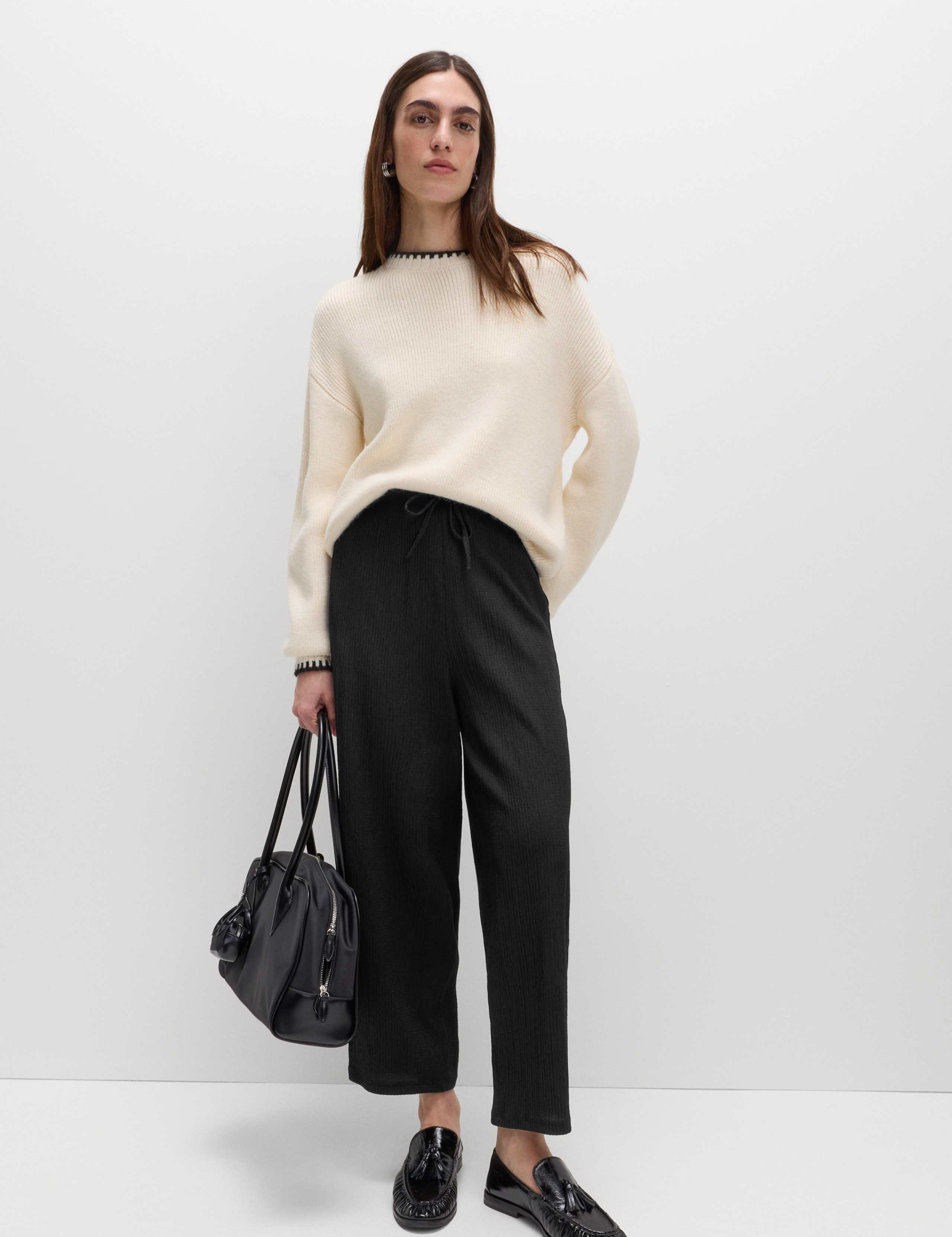 Textured Elasticated Waist Carrot Leg Trousers 3 of 5