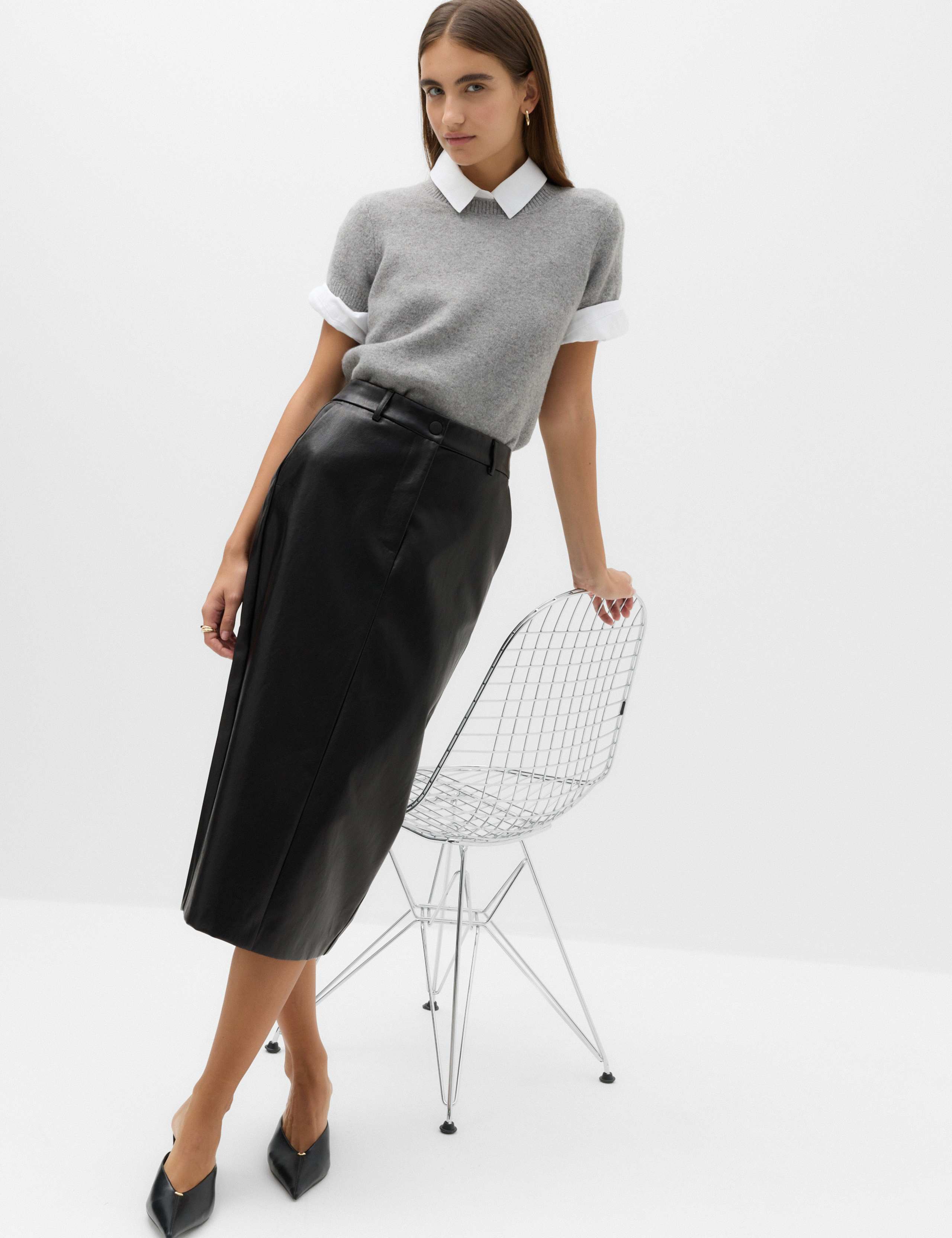 Leather Look Split Back Midi Skirt 6 of 6