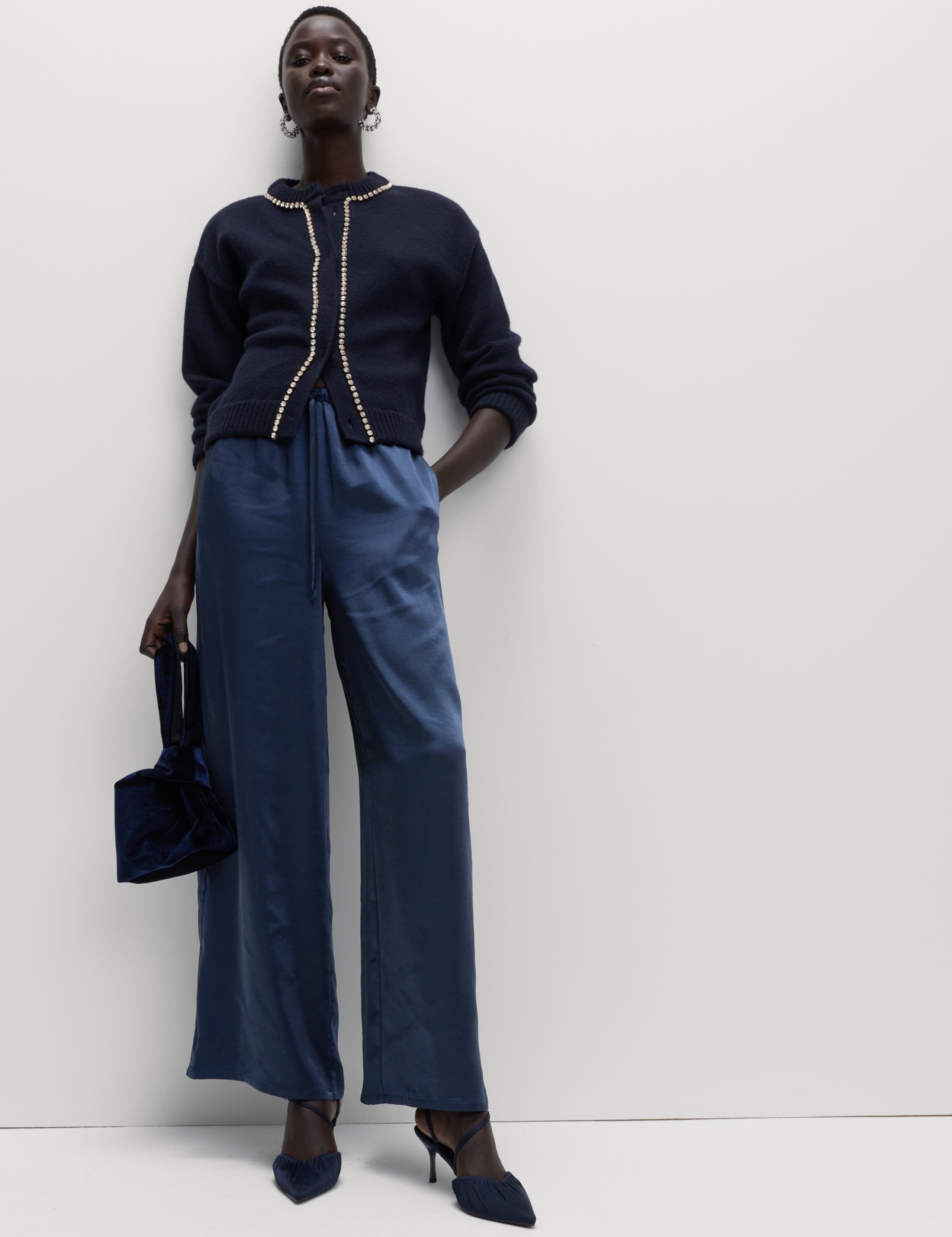 Satin Drawstring Wide Leg Trousers 3 of 5