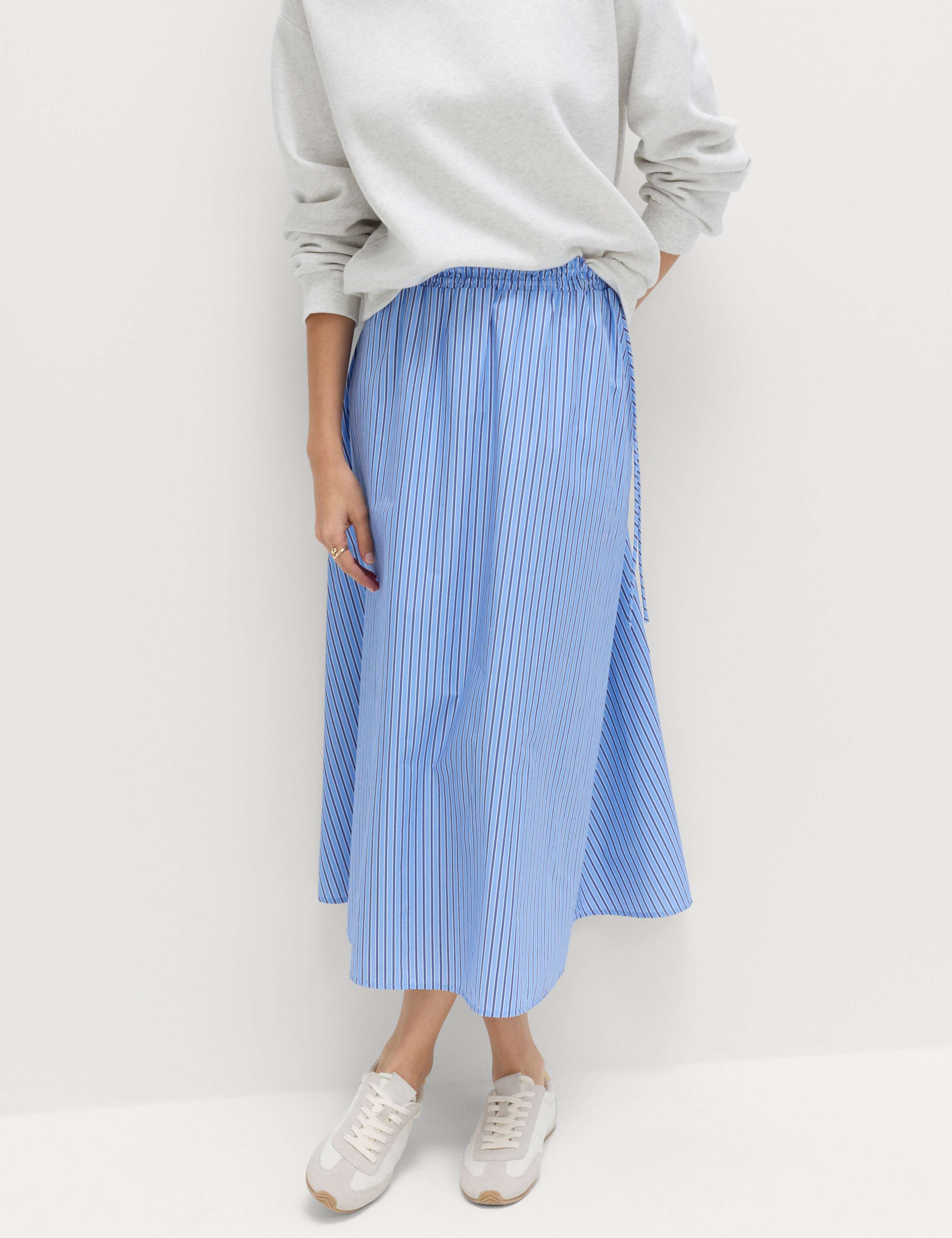 Pure Cotton Poplin Striped Pleated Midi Skirt 1 of 5