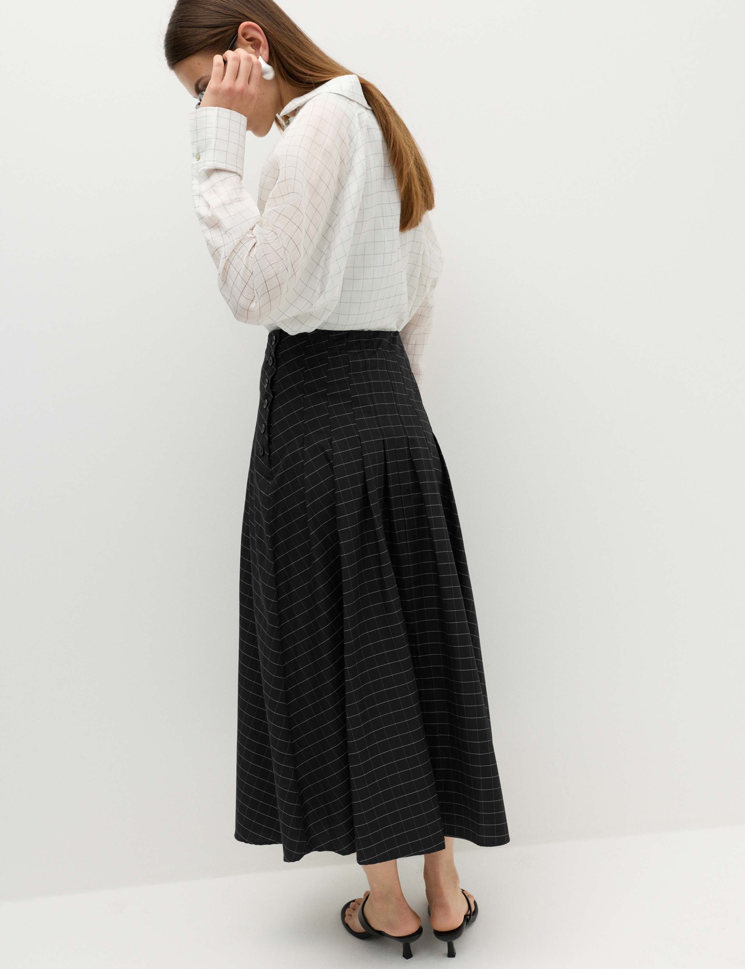 Cotton Rich Checked Button Detail Maxi Skirt 4 of 6