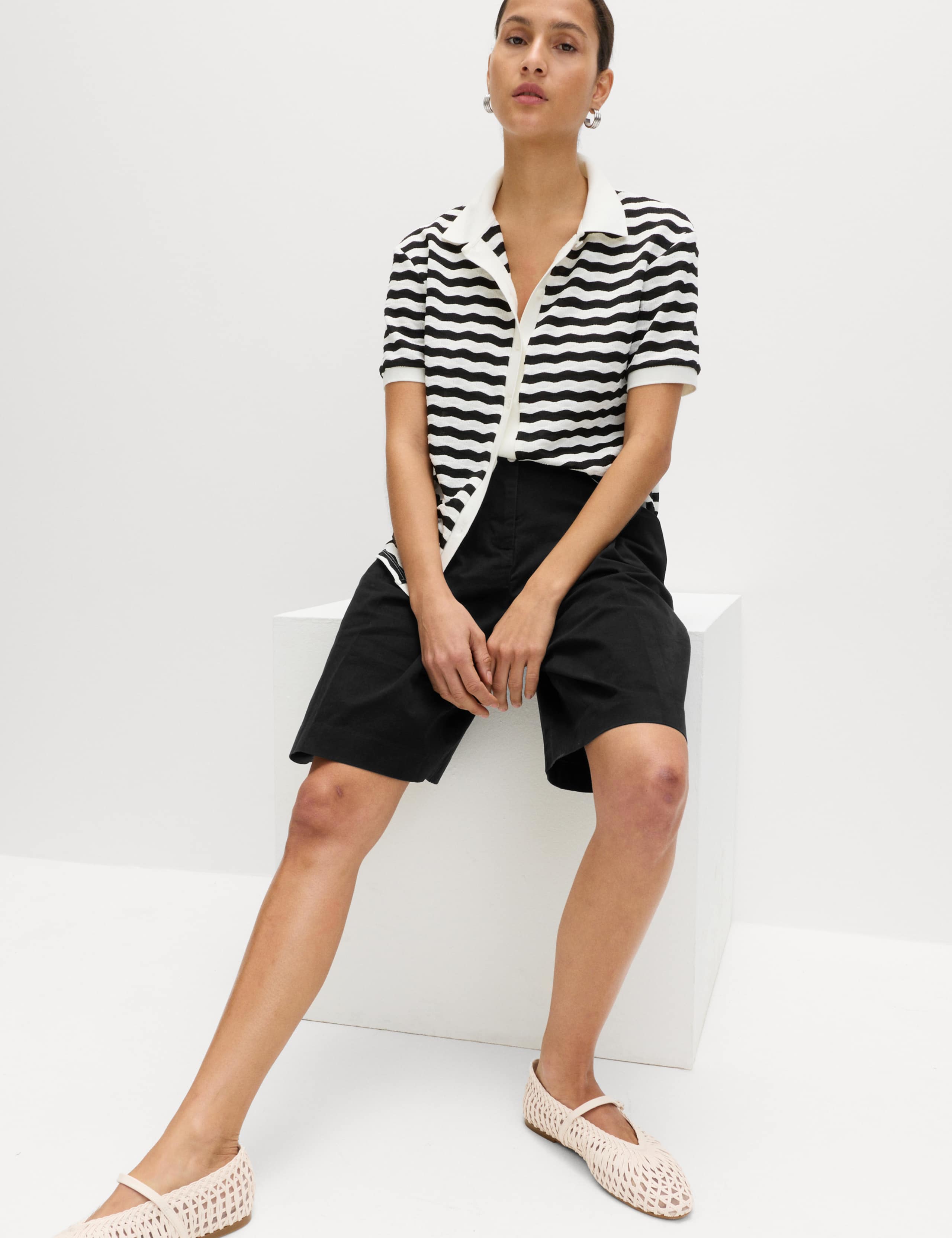 Cotton Rich High Waisted Pleat Front Bermuda Shorts 1 of 5