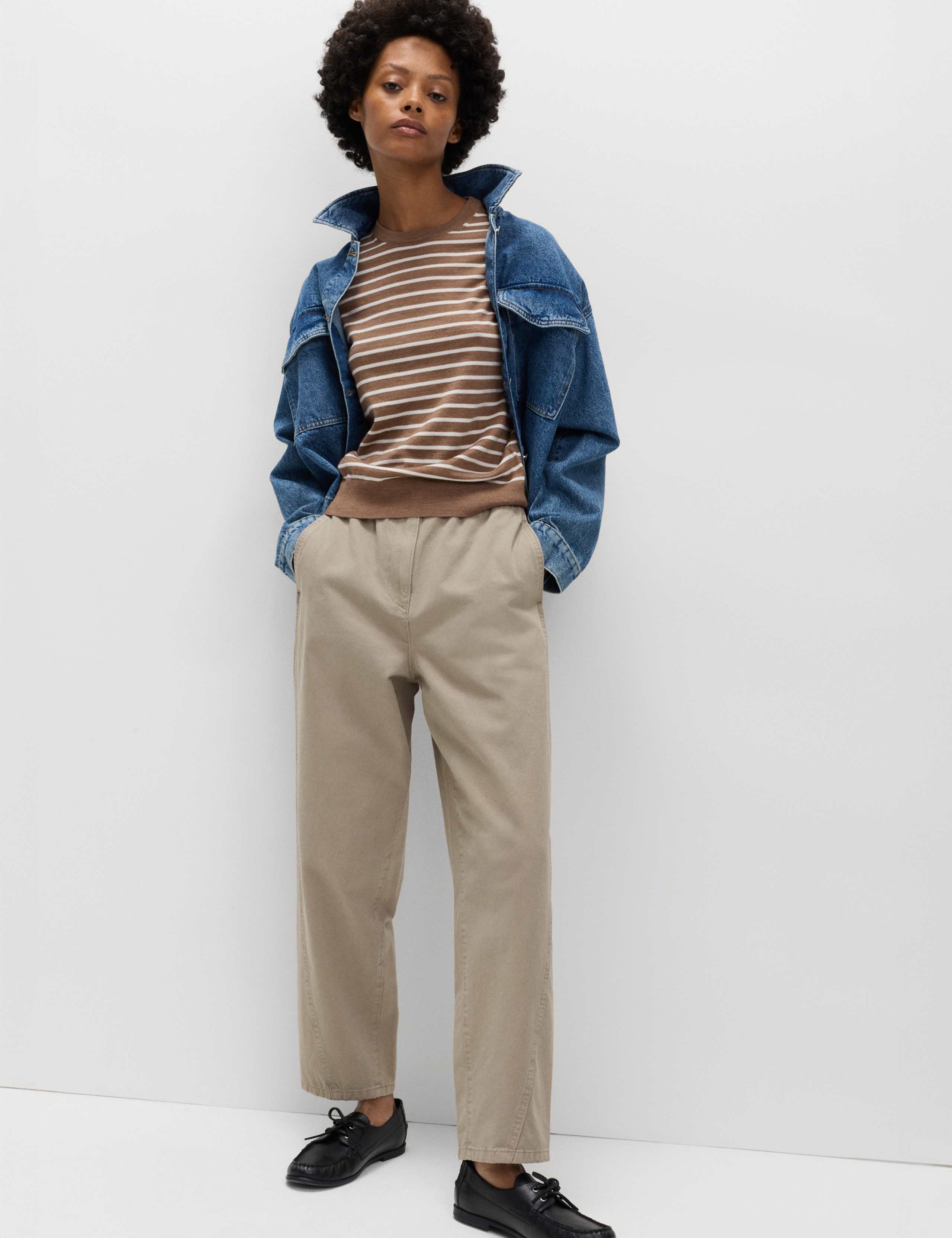 Pure Cotton Elasticated Waist Carrot Leg Trousers 1 of 5