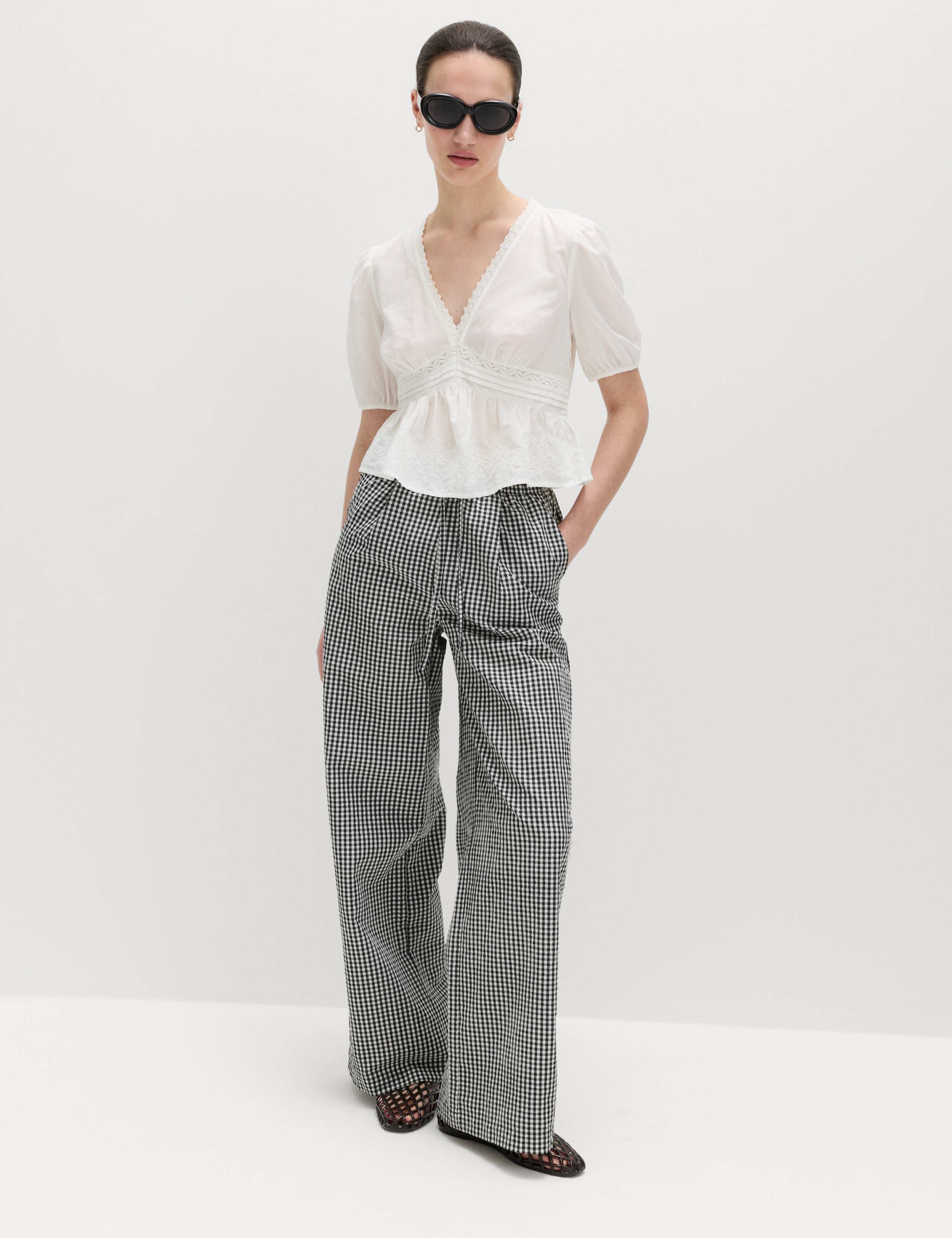 Modal Blend Gingham Wide Leg Trousers 1 of 5