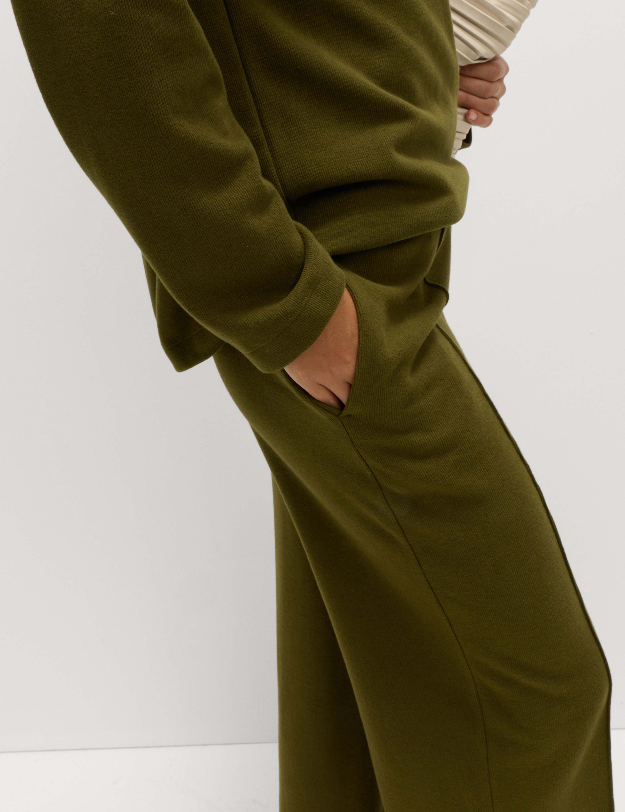 Cotton Blend Cosy Rib Pintuck Wide Leg Trousers 3 of 6