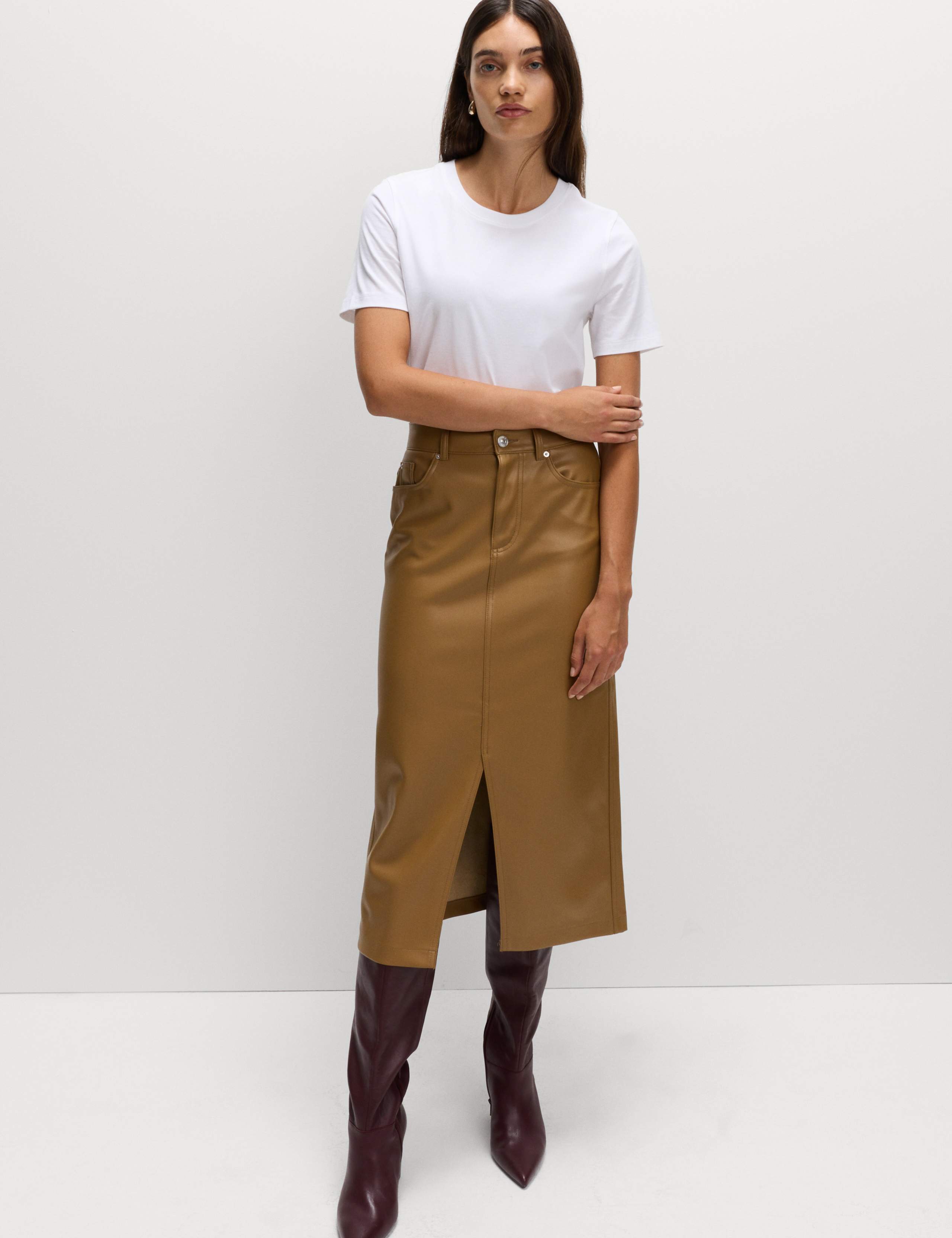 Faux Leather Midi Split Front A-Line Skirt 3 of 5
