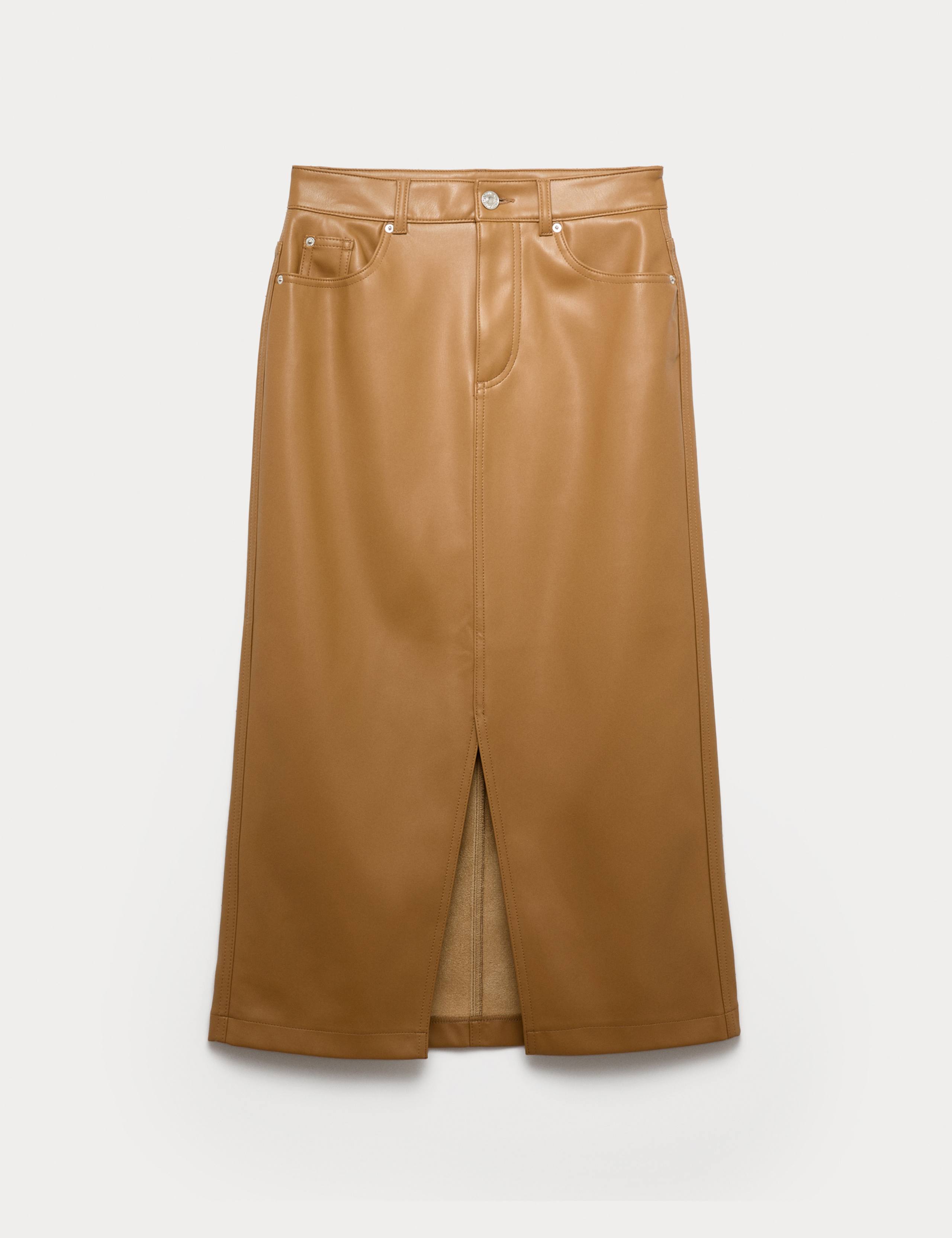 Faux Leather Midi Split Front A-Line Skirt 2 of 5