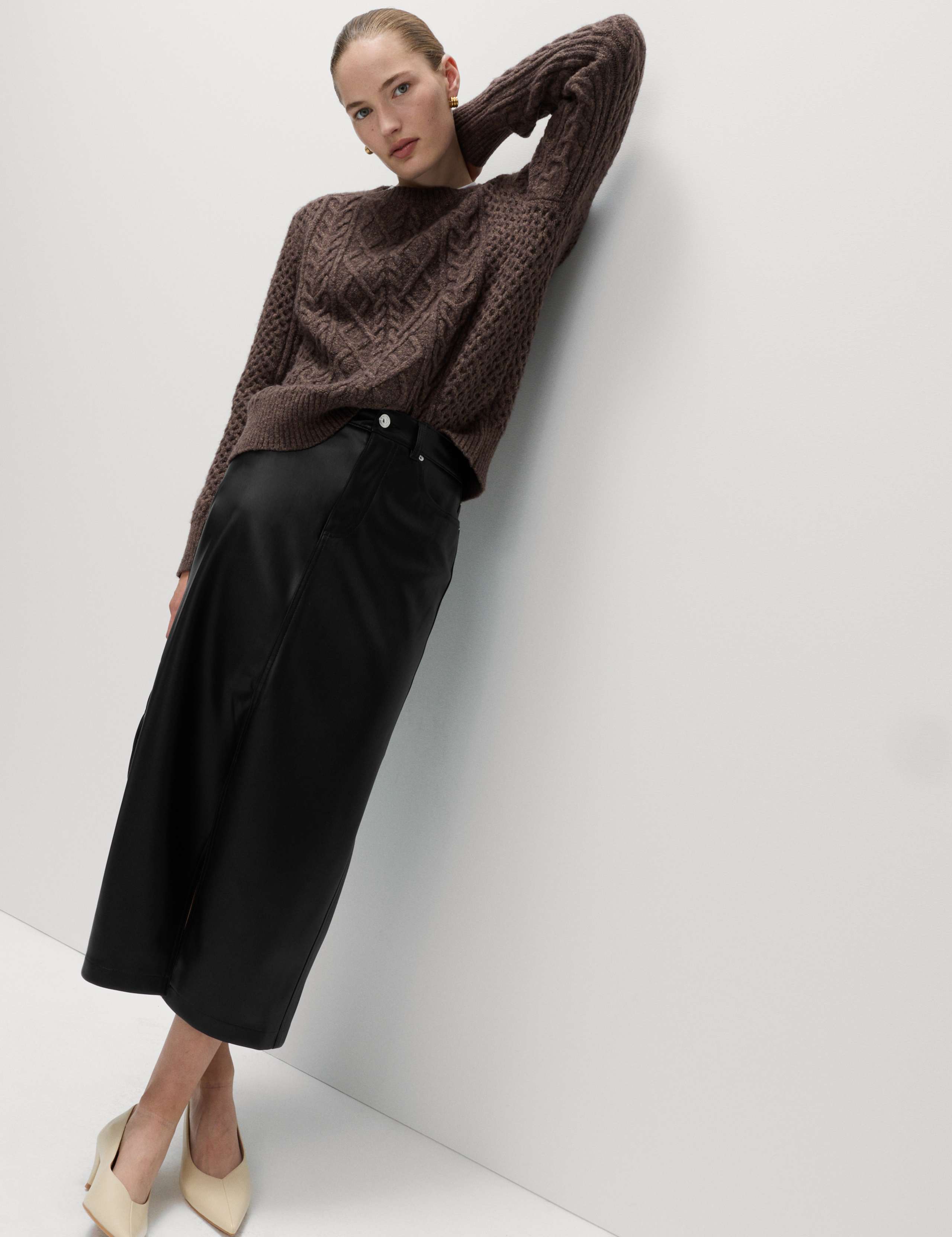 Faux Leather Midi Split Front A-Line Skirt 1 of 6