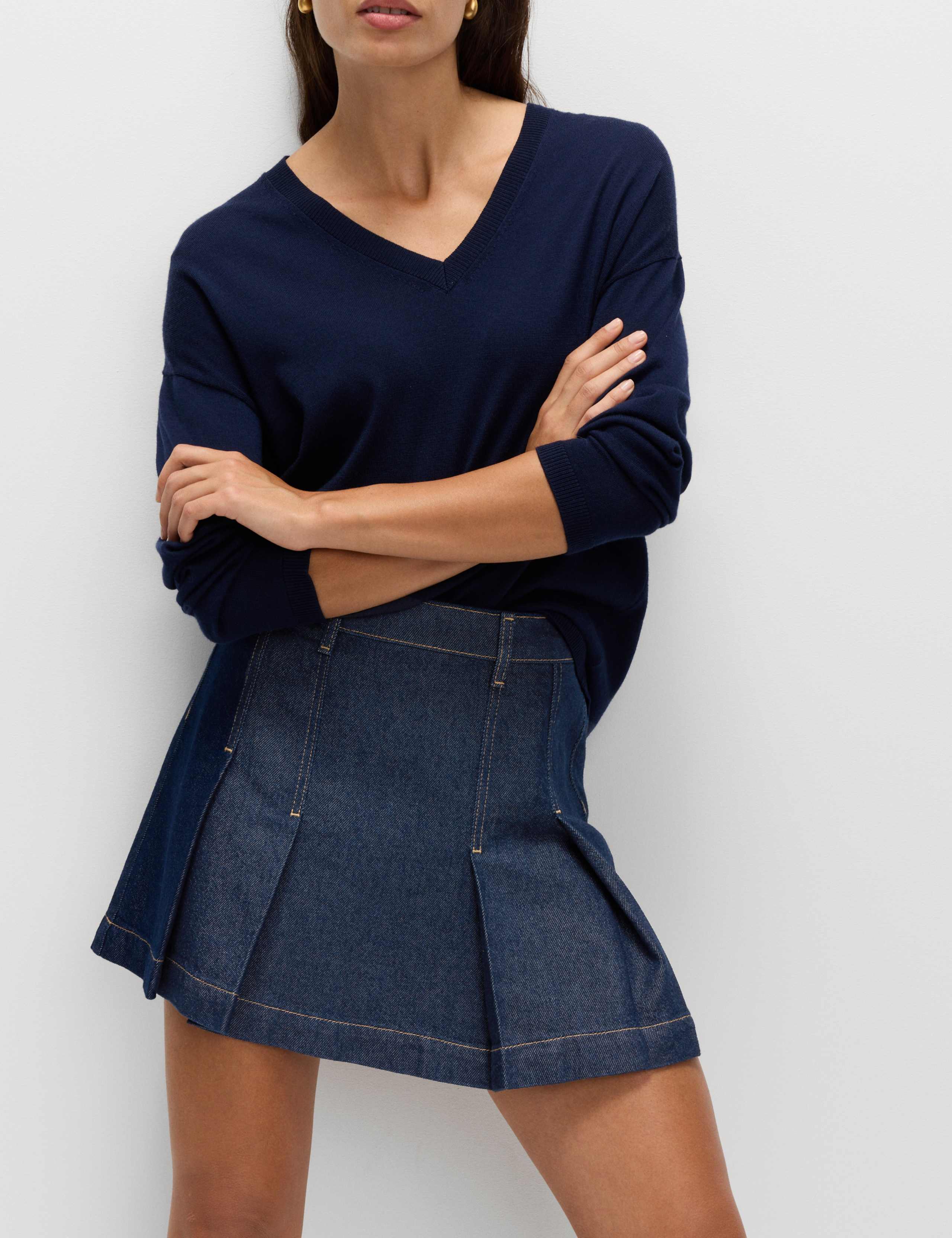 Cotton Rich Denim Pleated Mini Skirt 1 of 4