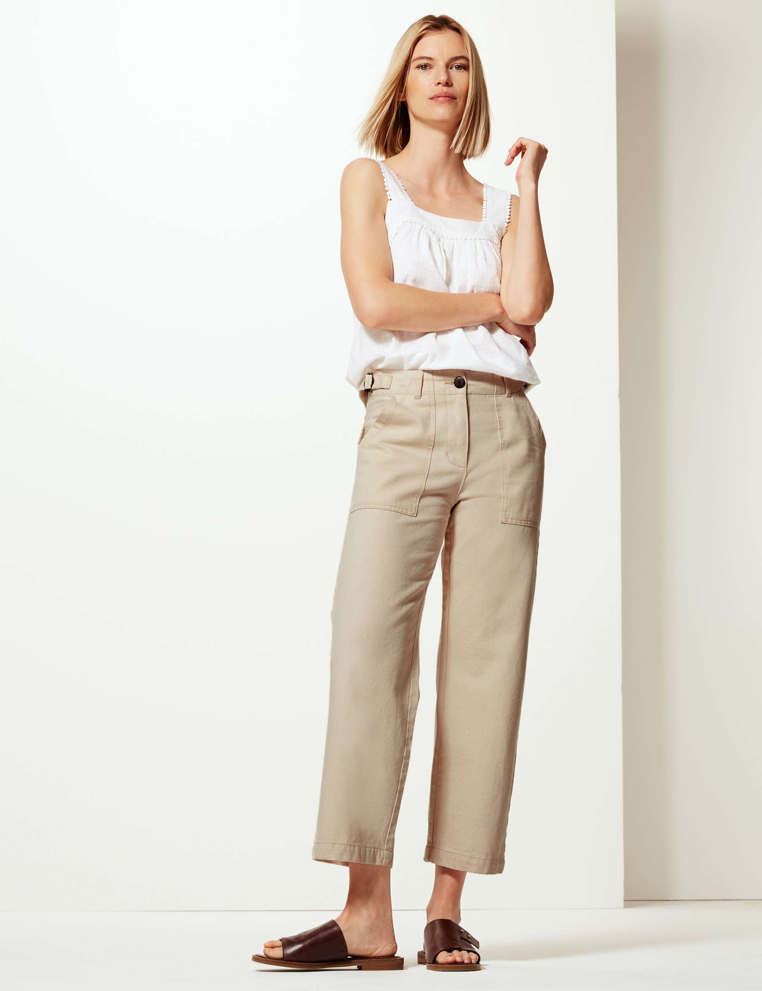 Pure Cotton Wide Leg Cropped Trousers 1 of 4