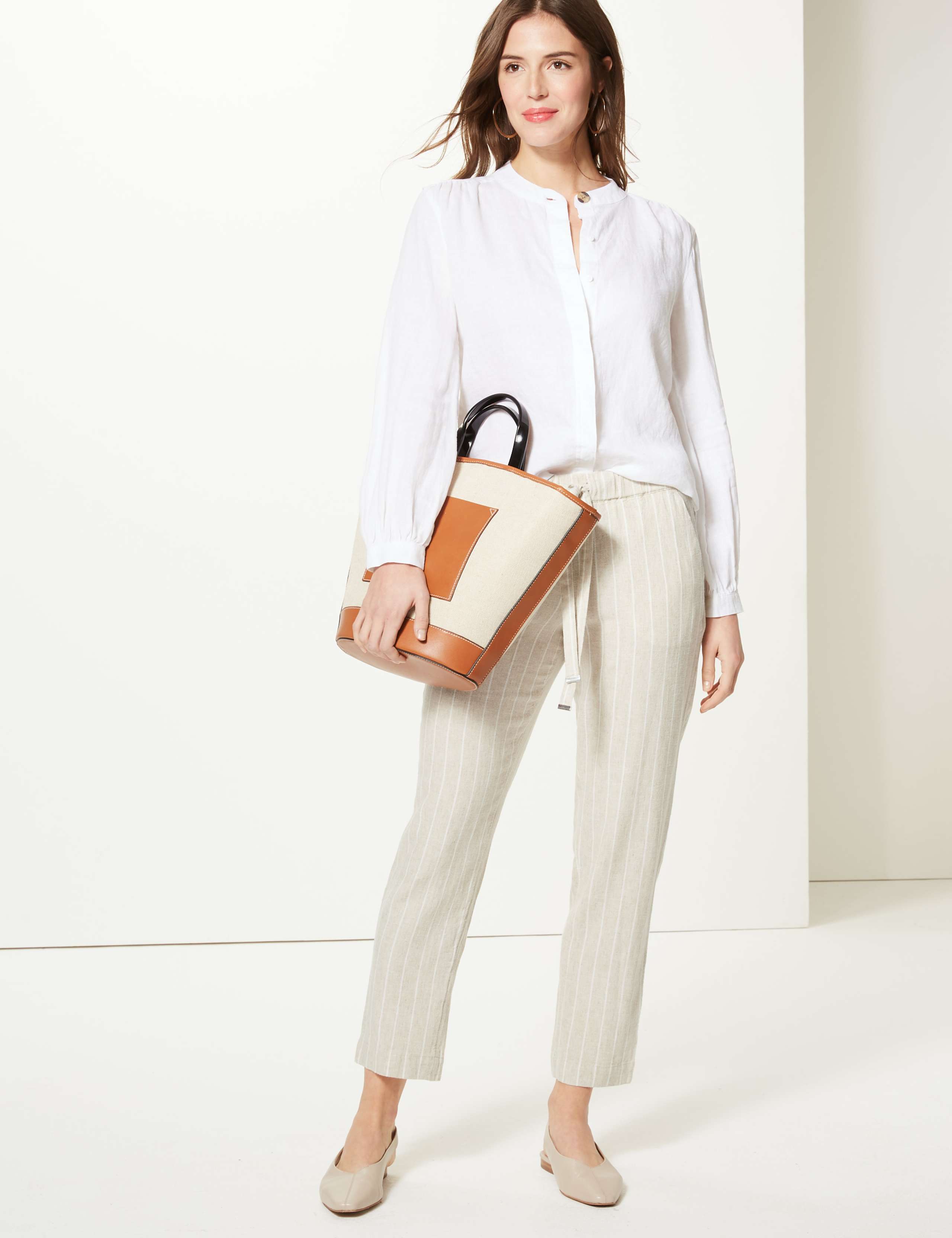 Linen Rich Striped Tapered Leg Peg Trousers 1 of 6