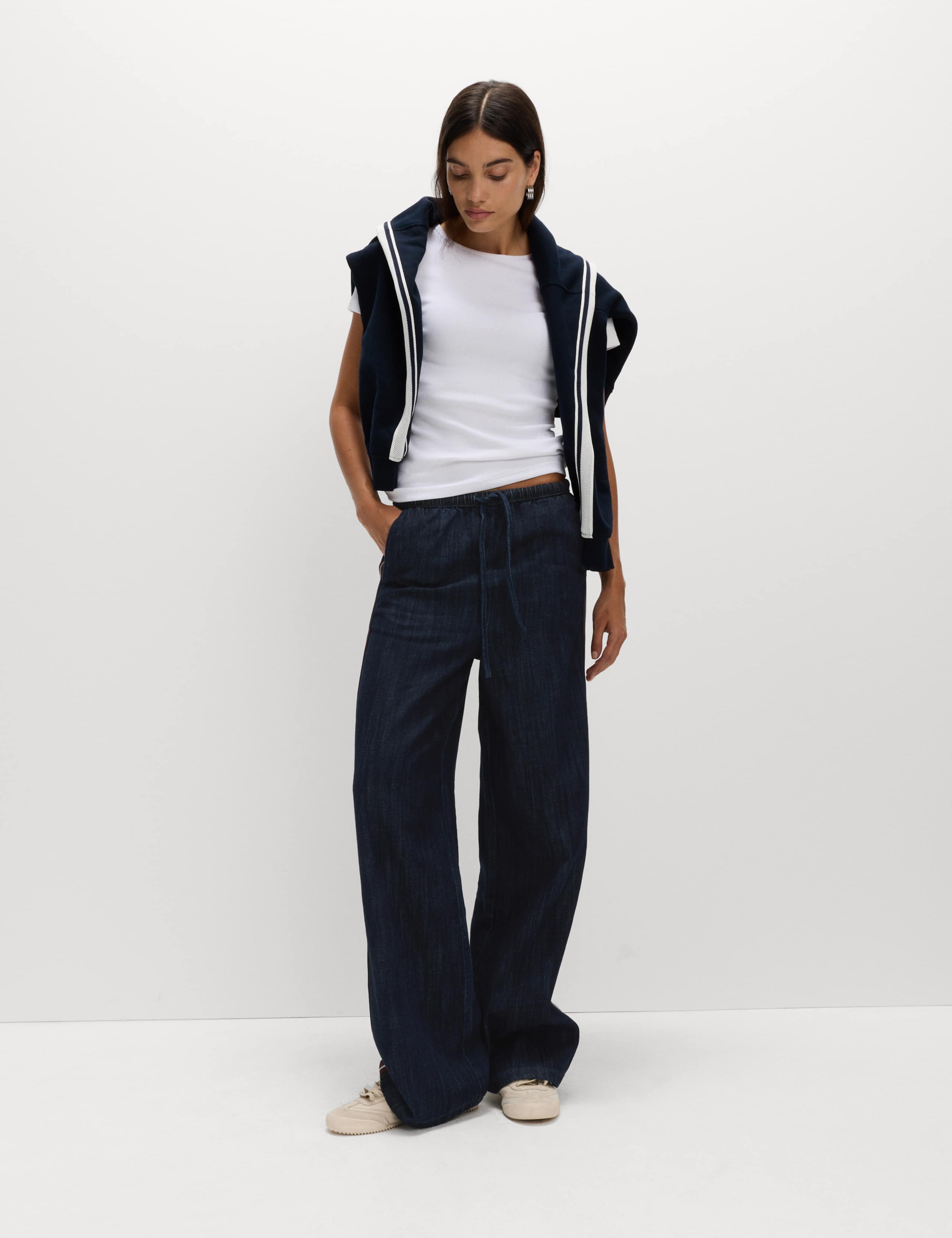 Cotton Rich Denim Side Stripe Wide Leg Trousers 5 of 6