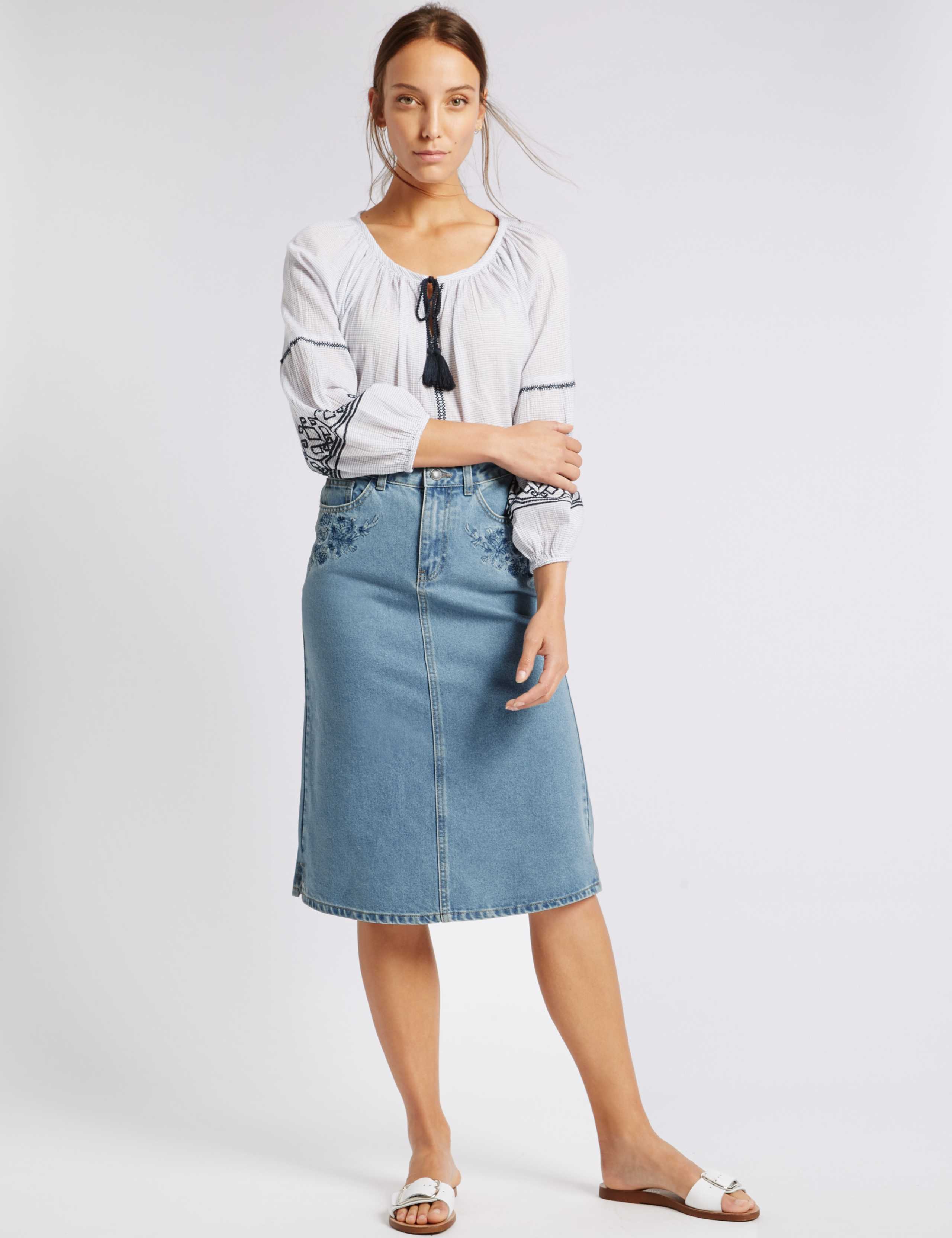 Denim Embroidered A-Line Midi Skirt 1 of 5