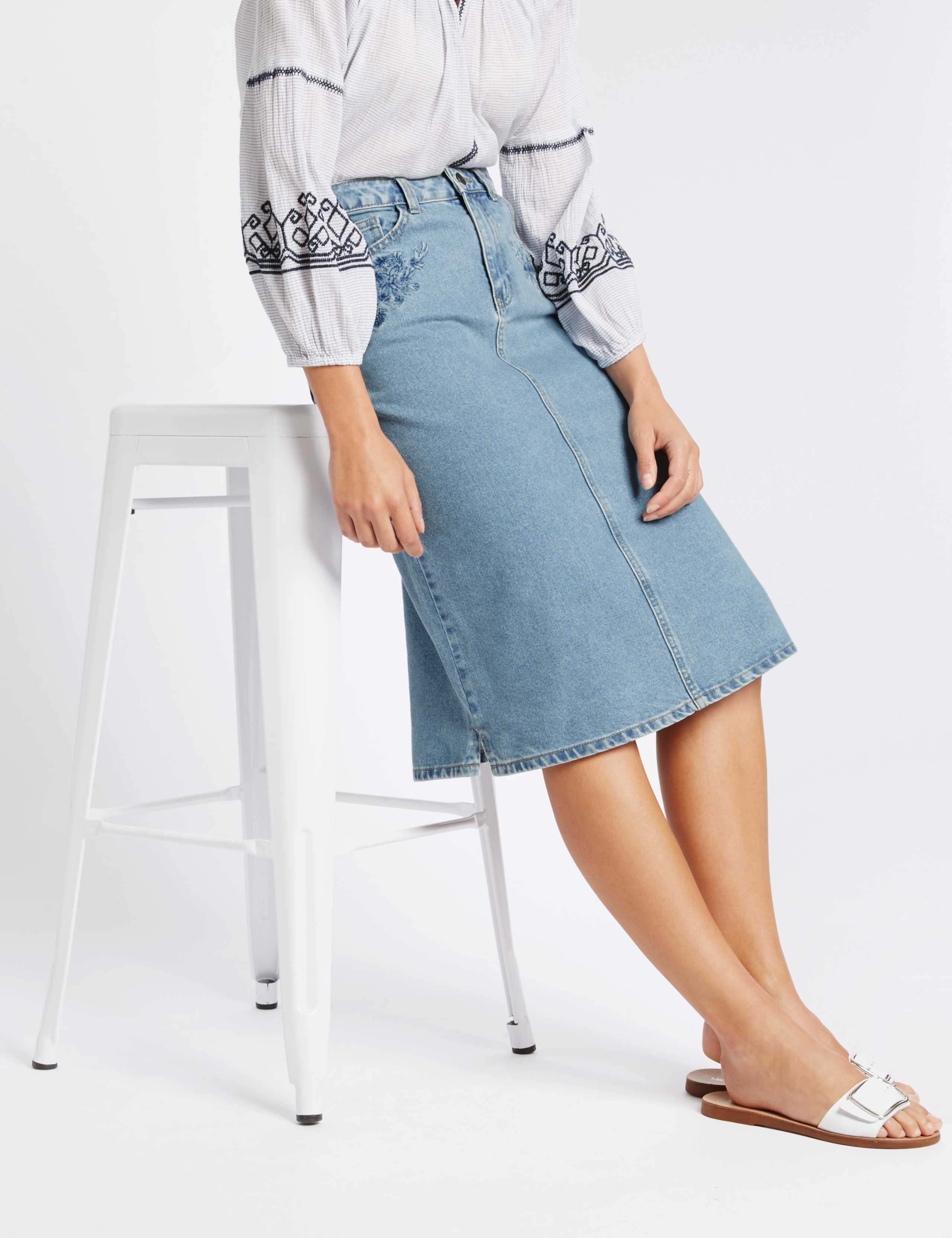 Denim Embroidered A-Line Midi Skirt 3 of 5