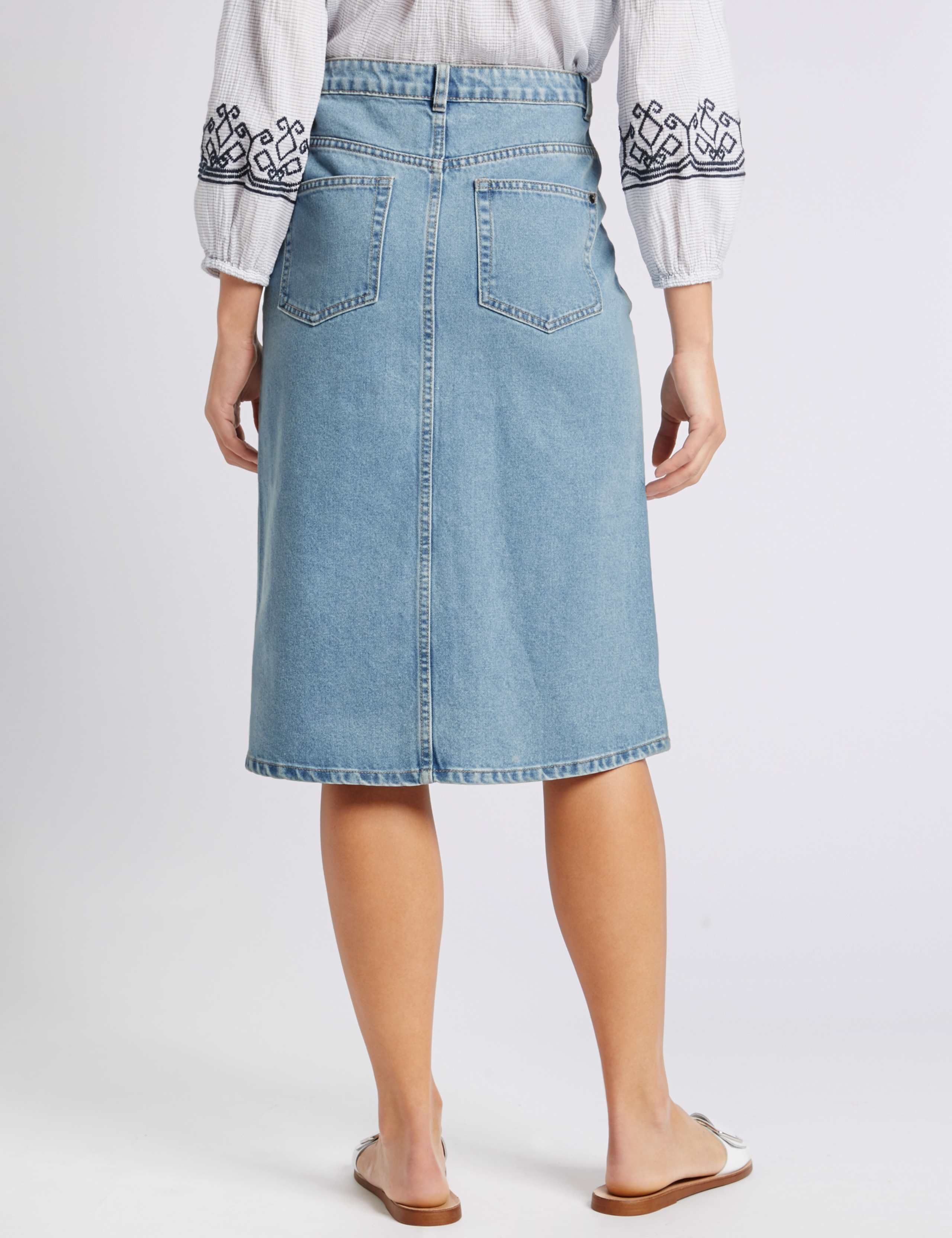 Denim Embroidered A-Line Midi Skirt 4 of 5
