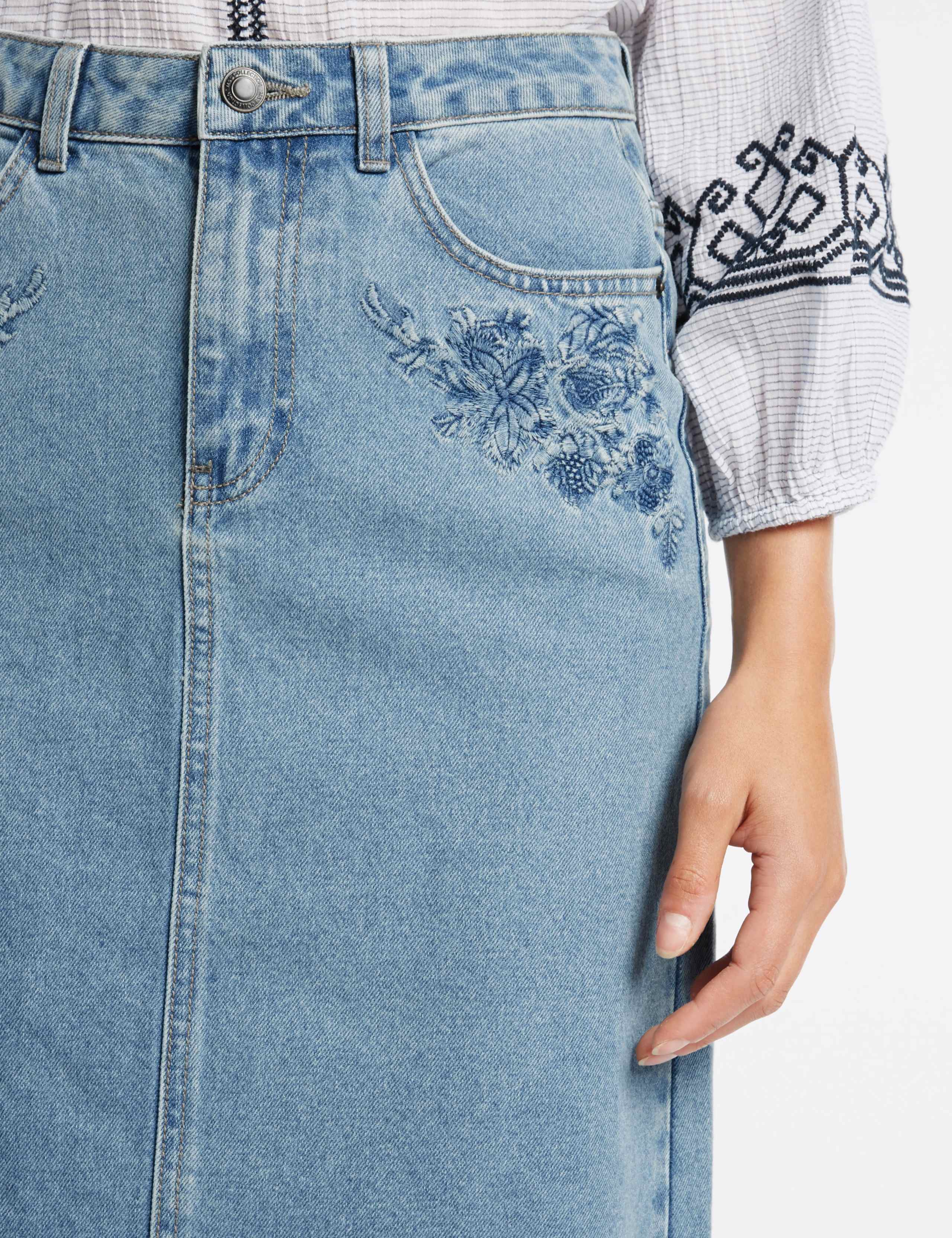 Denim Embroidered A-Line Midi Skirt 5 of 5