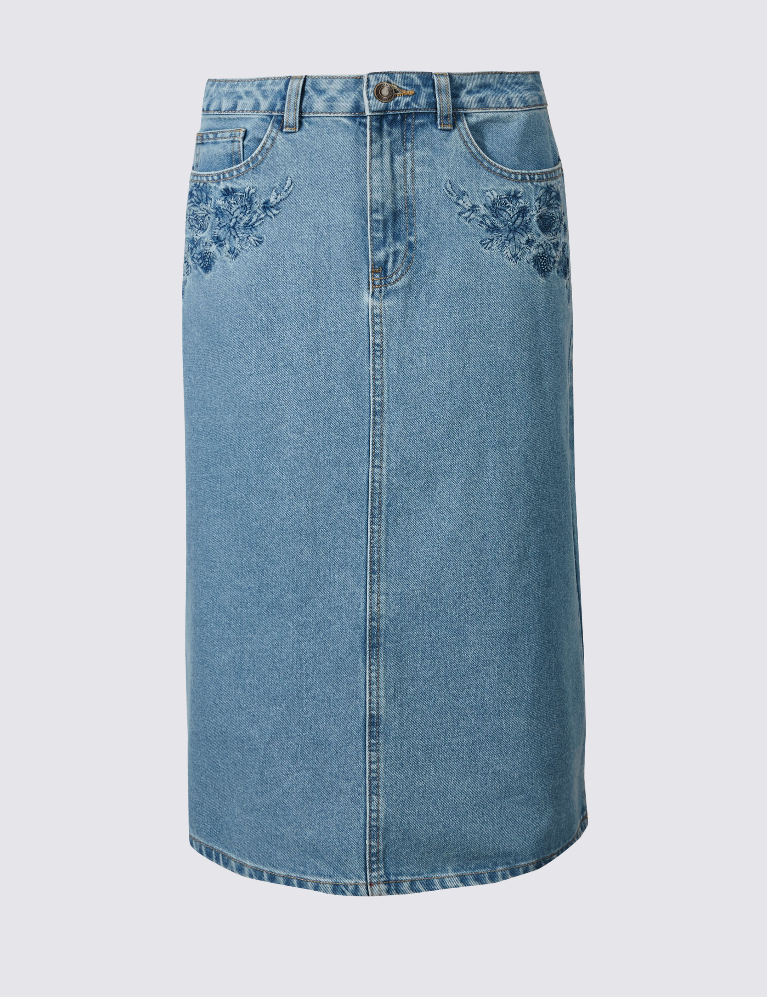 Denim Embroidered A-Line Midi Skirt 2 of 5