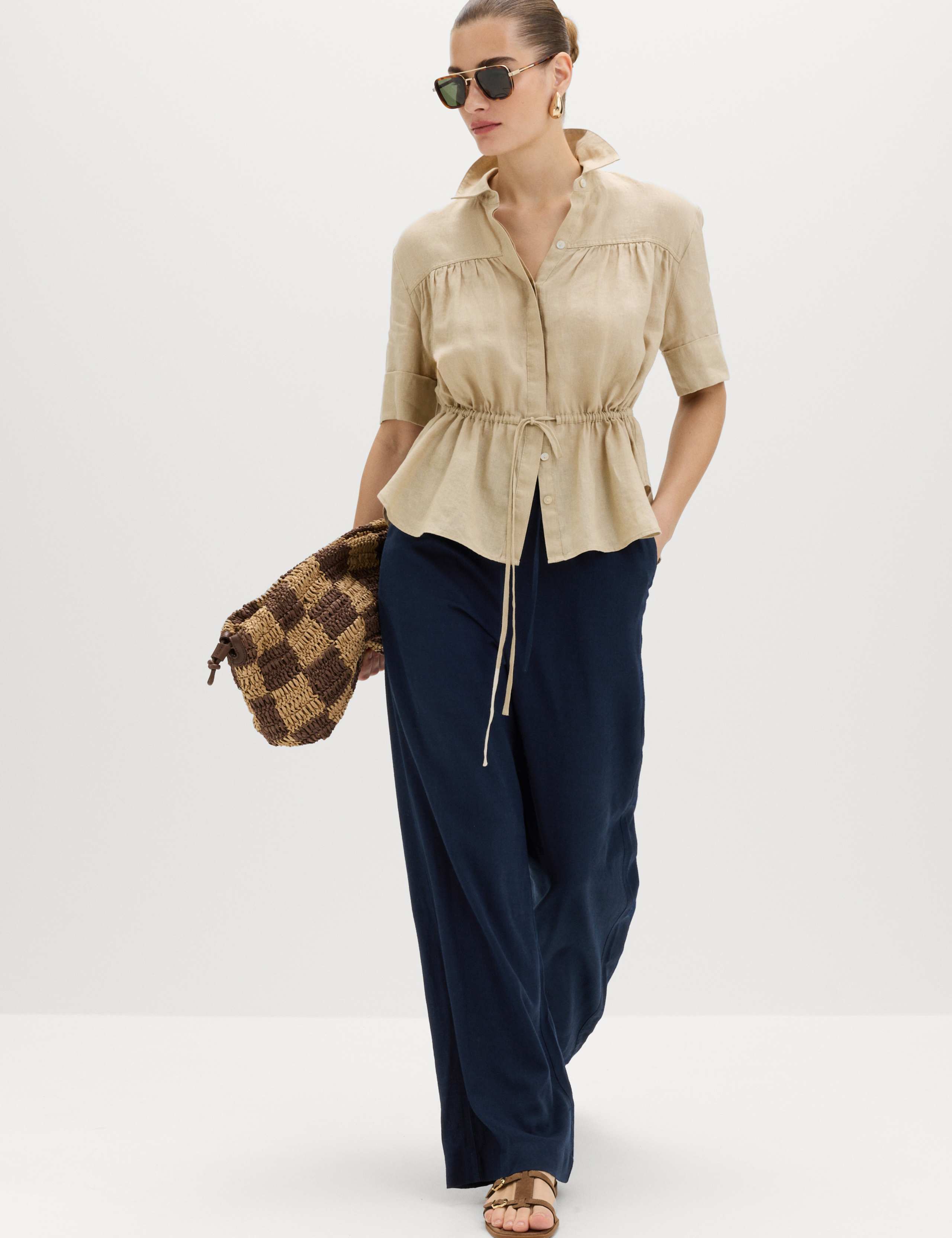 Drawstring Wide Leg Trousers with Linen 1 of 6