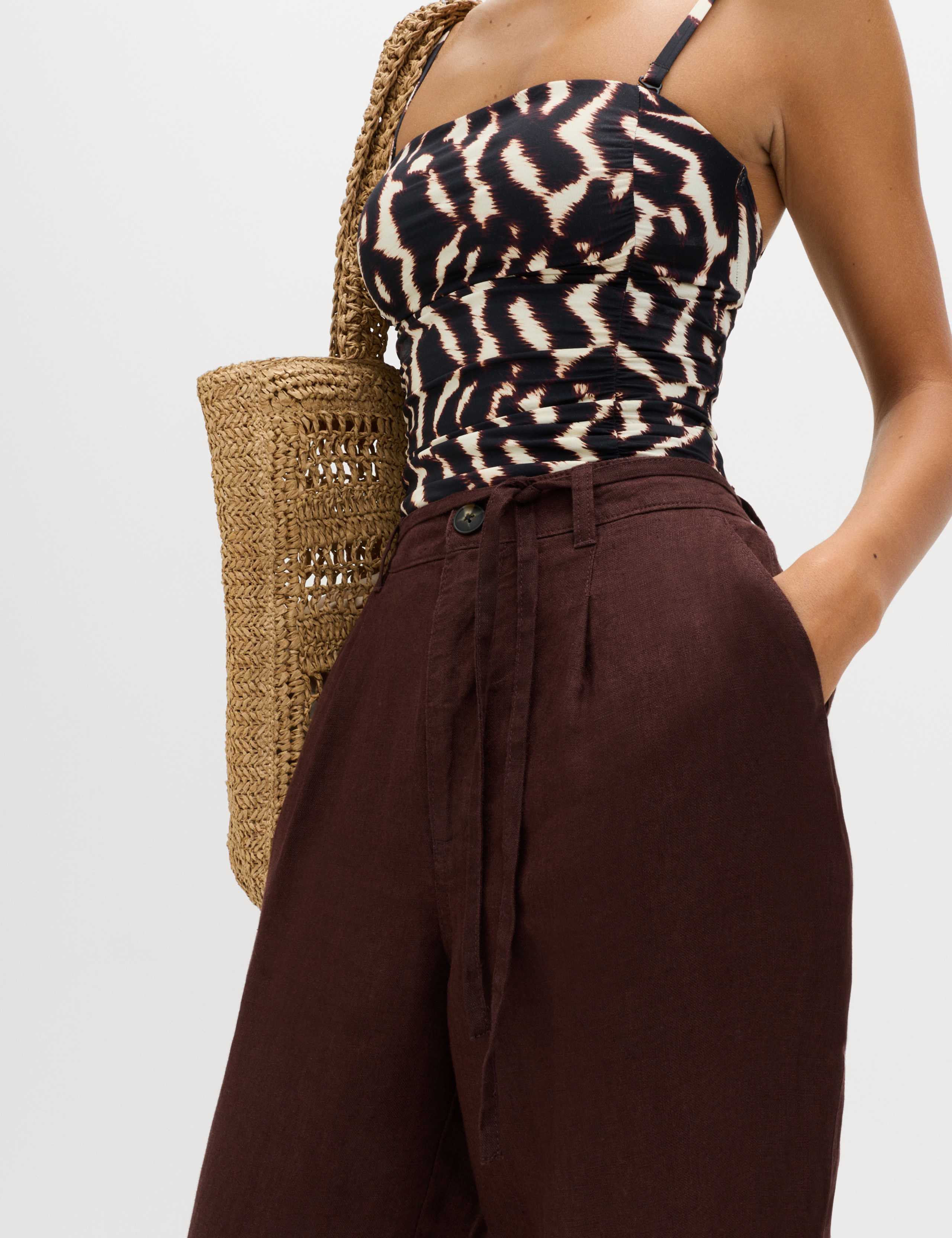 Pure Linen Pleat Front Belted Tapered Trousers 1 of 6