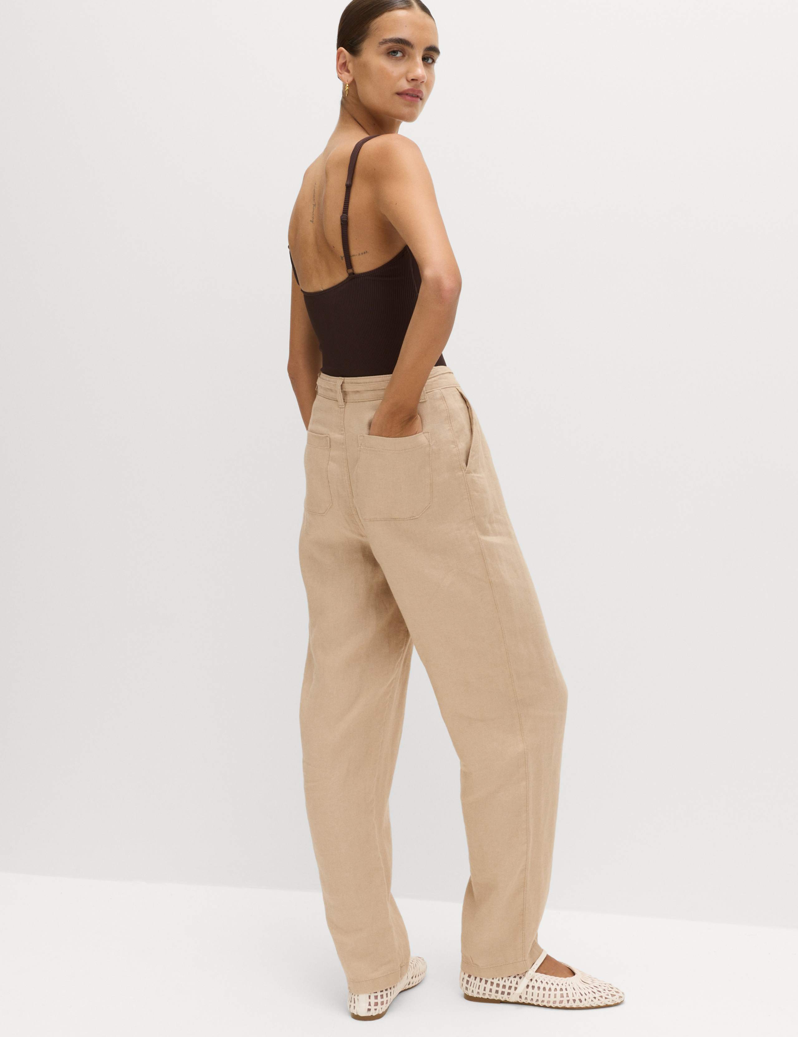 Pure Linen Pleat Front Belted Tapered Trousers 4 of 5