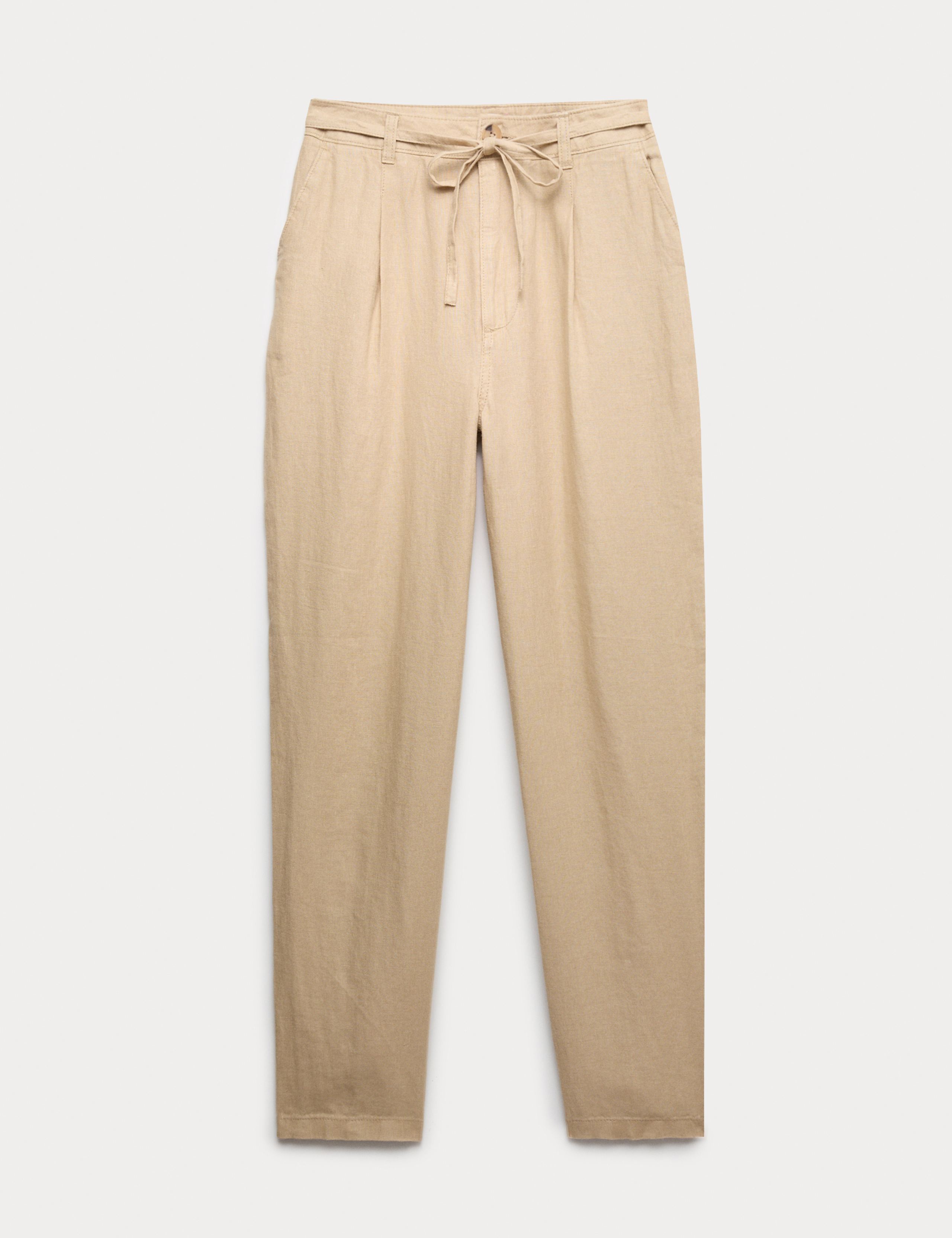 Pure Linen Pleat Front Belted Tapered Trousers 2 of 5