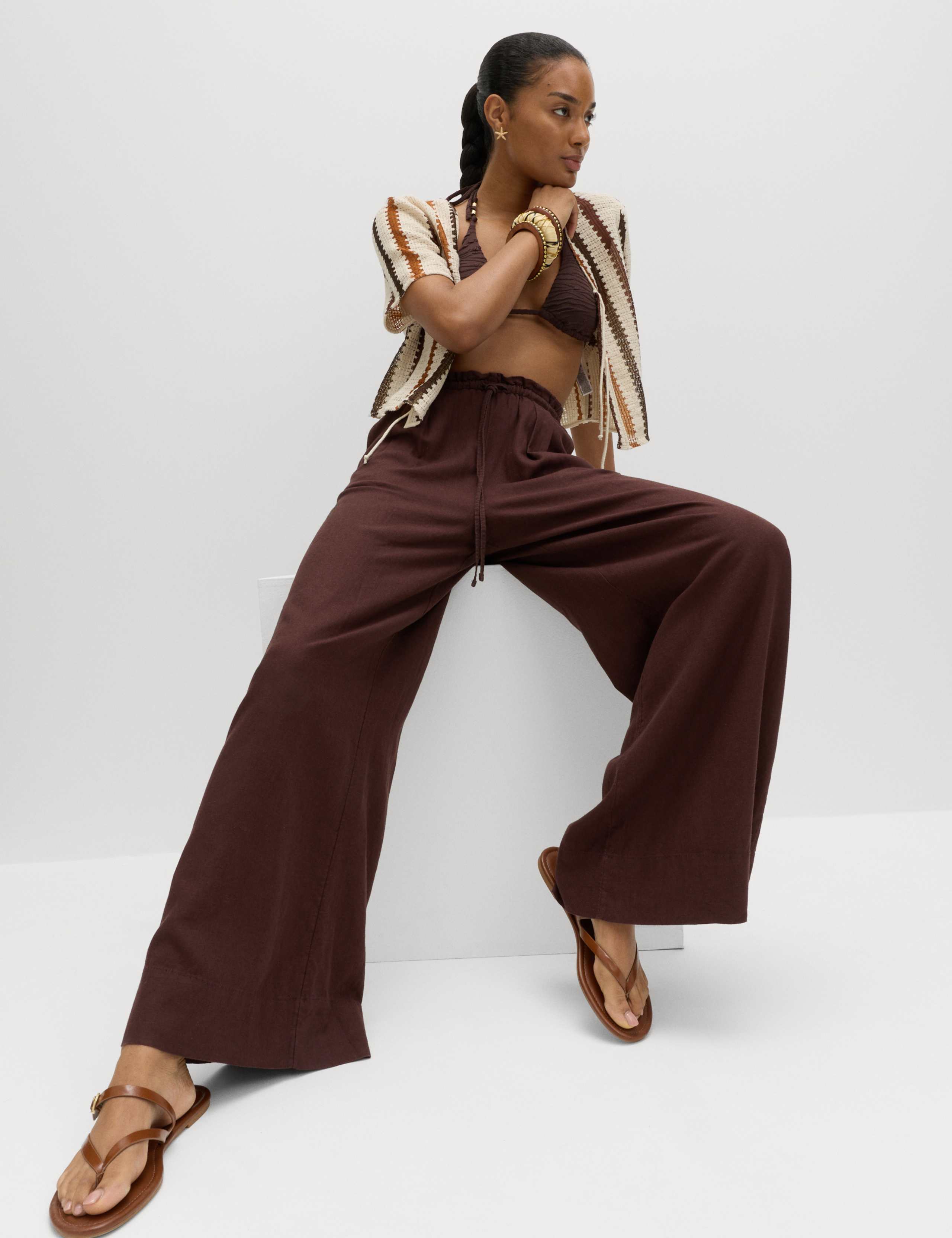 Linen Rich Drawstring Wide Leg Trousers 5 of 6