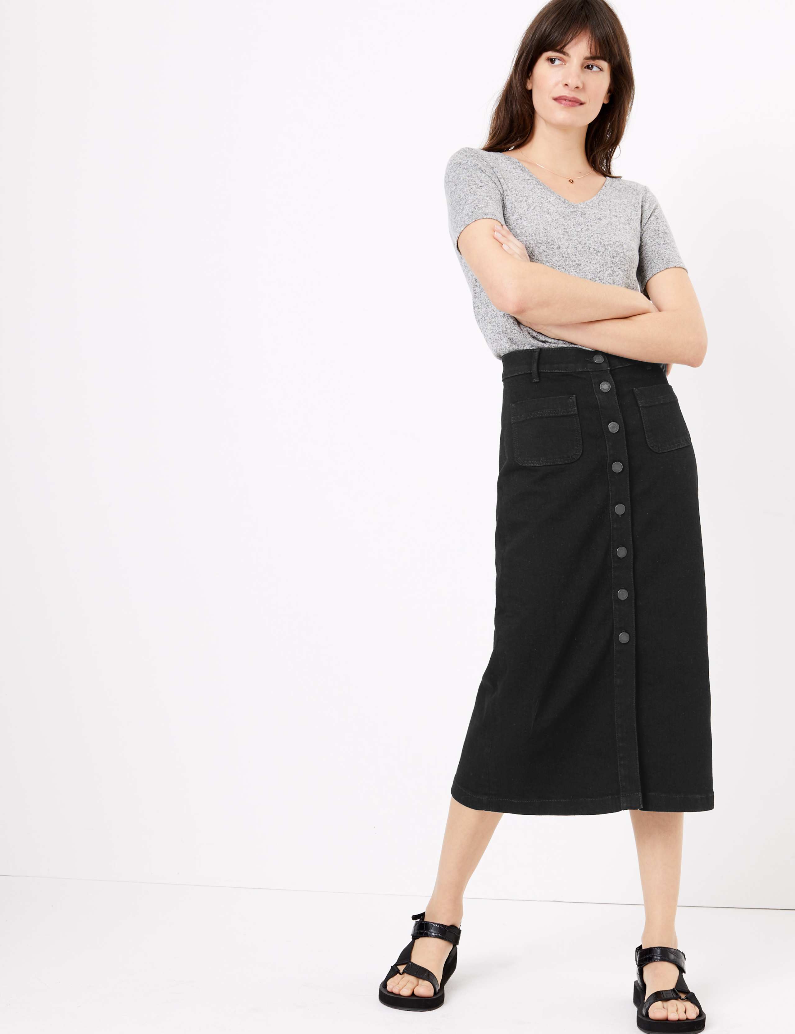 Denim Button Front Midi Skirt 1 of 3