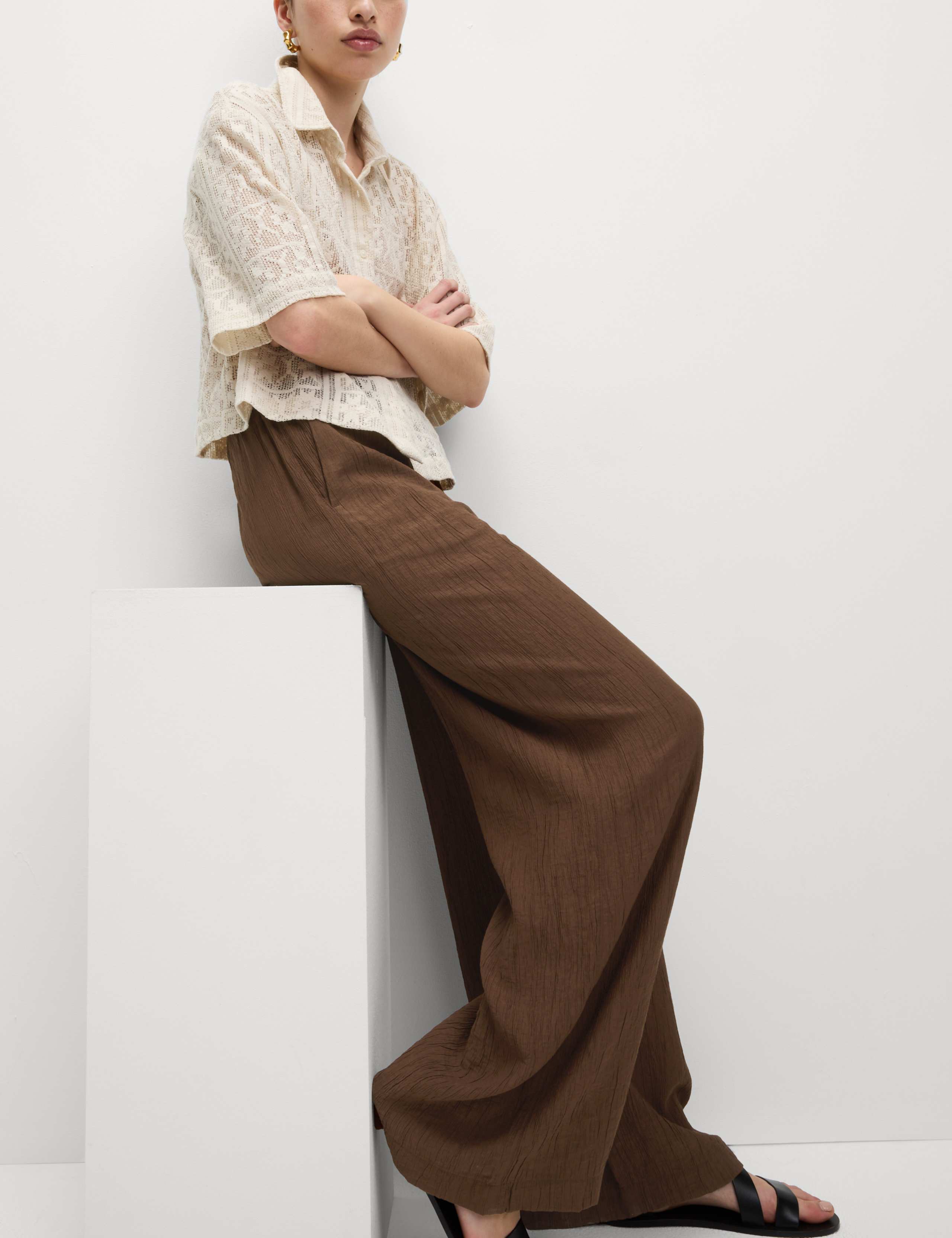 Viscose Rich Crinkle Elasticated Waist Wide Leg Trousers 5 of 6