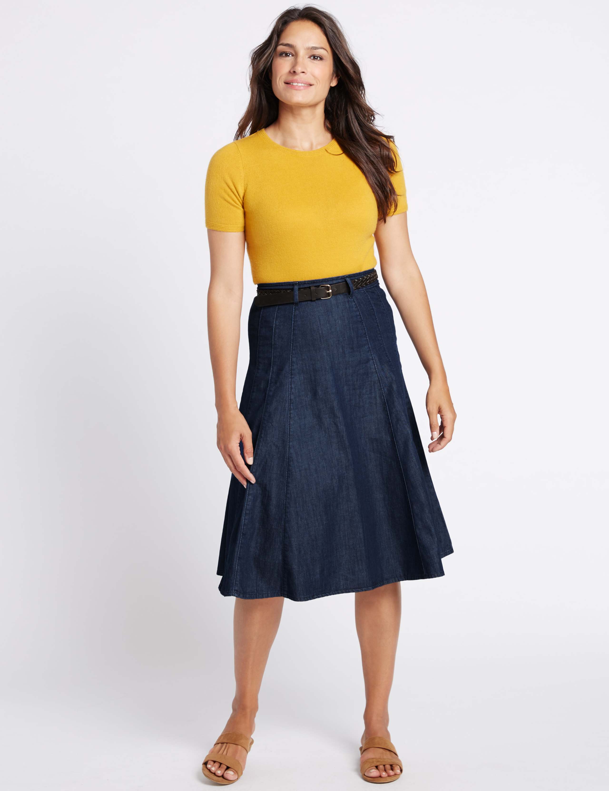 Denim Belted A-Line Midi Skirt 1 of 5