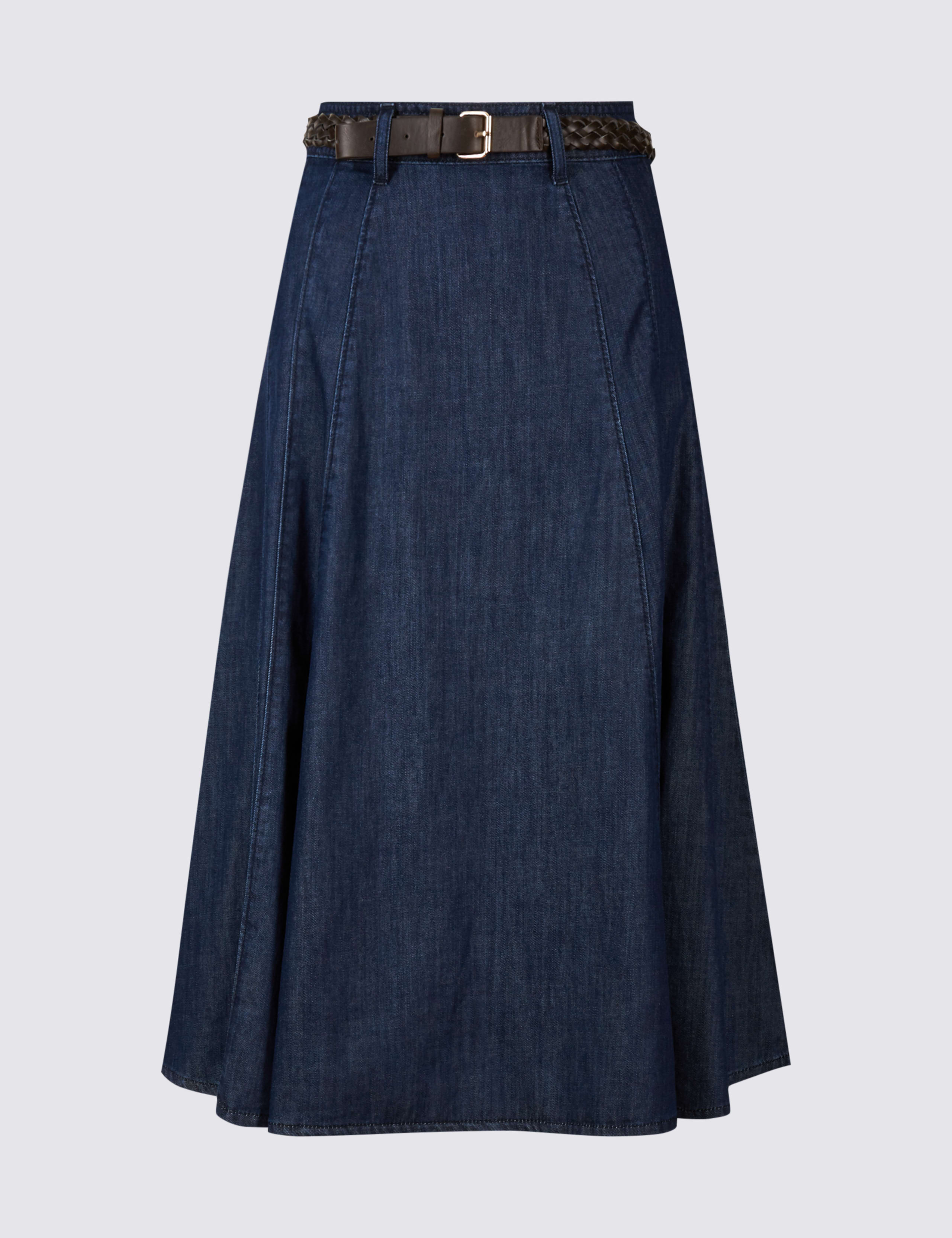 Denim Belted A-Line Midi Skirt 2 of 5