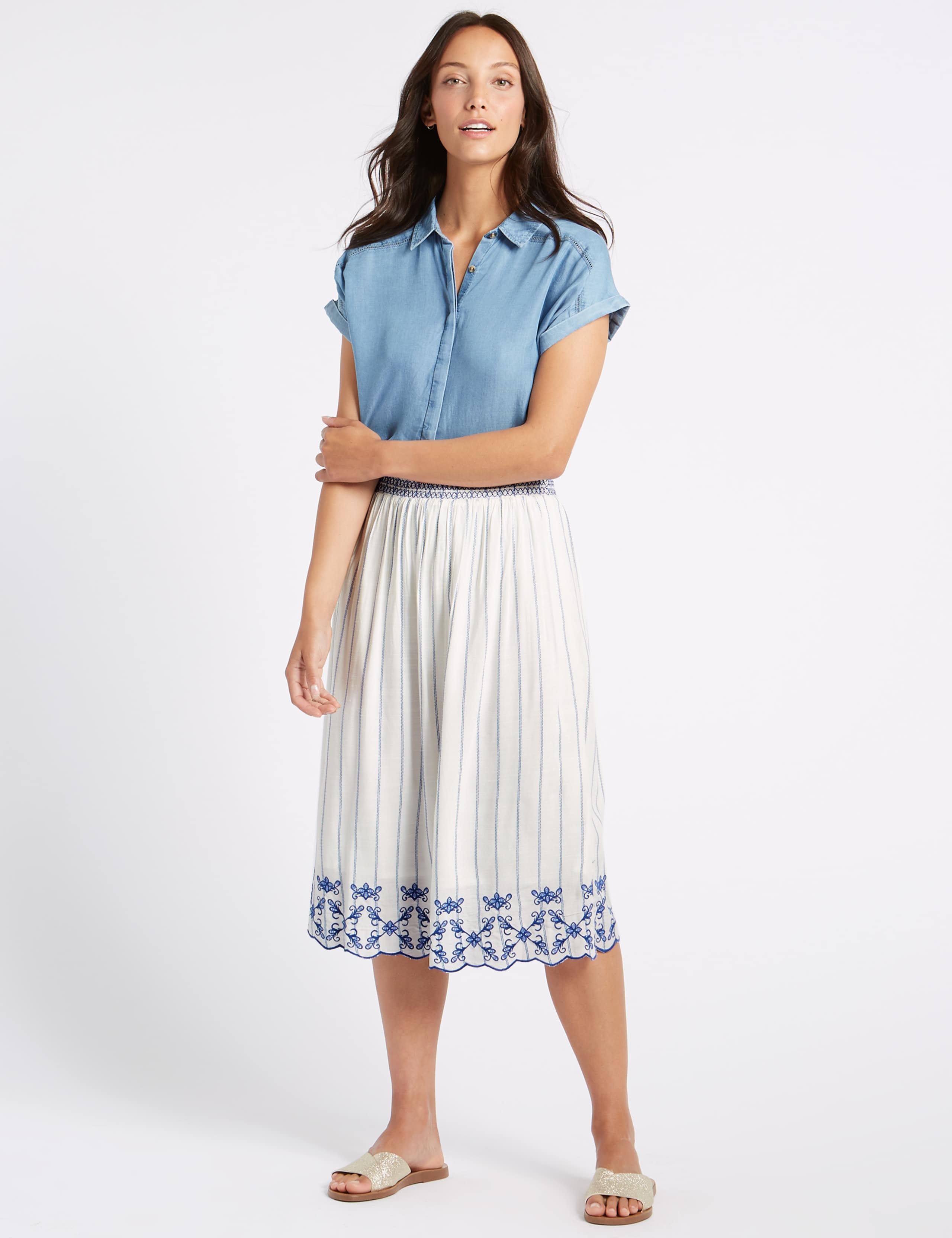 Striped Embroidered Hem Midi Skirt 1 of 6