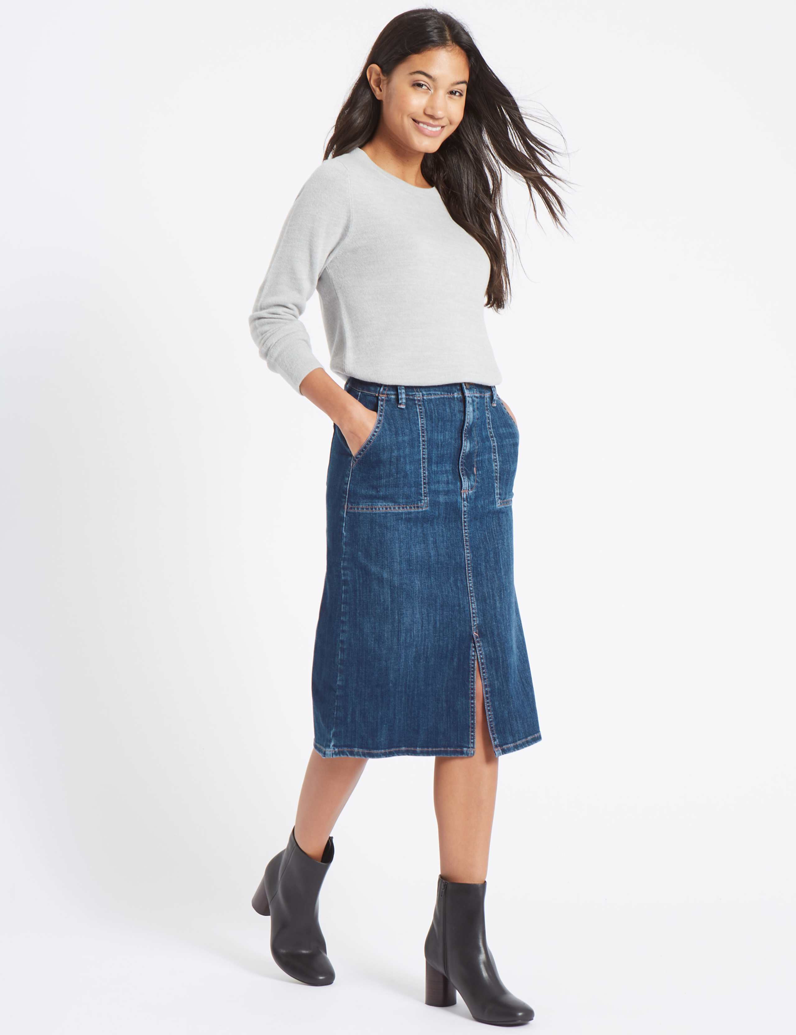 Denim Patch Pocket A-Line Midi Skirt 1 of 5
