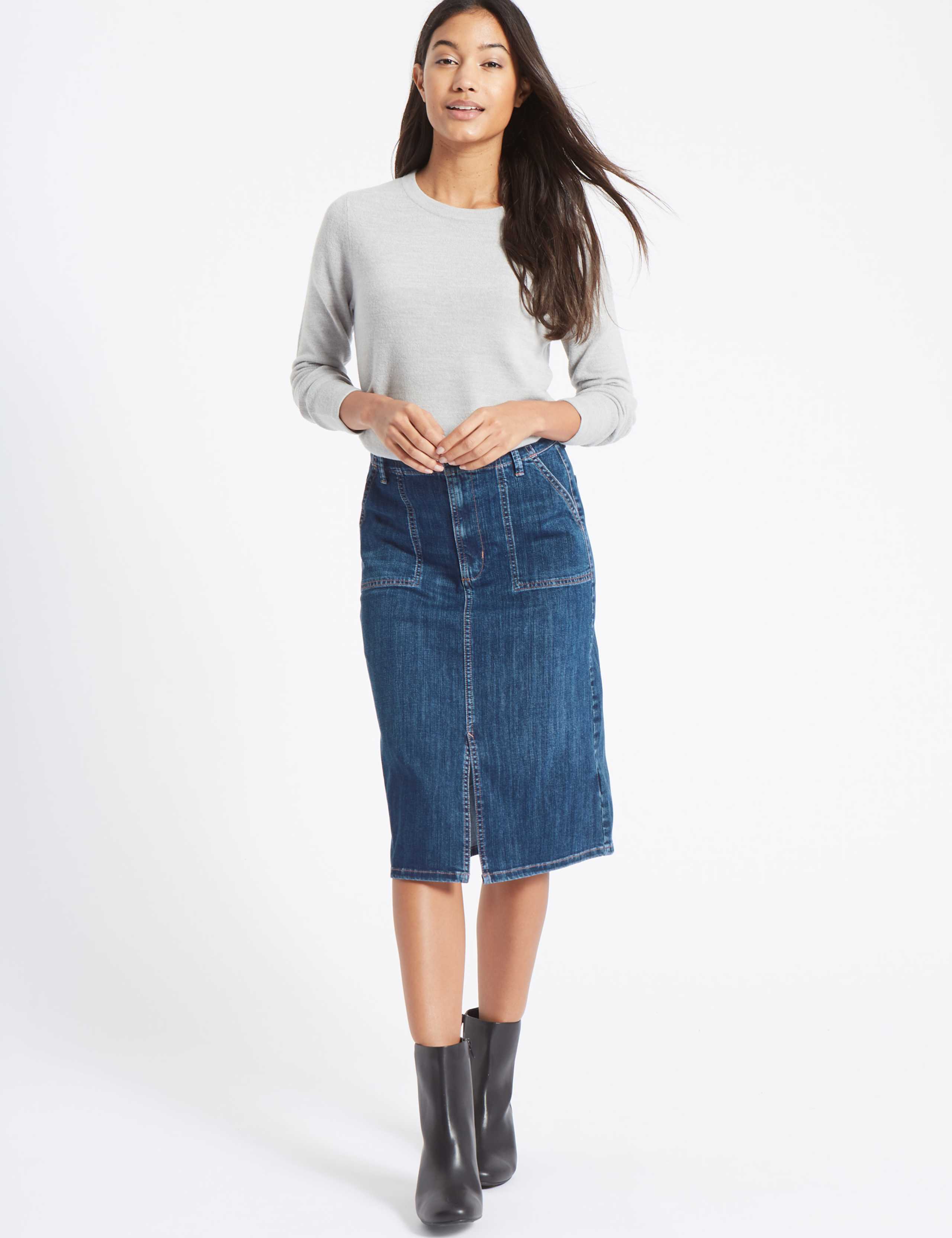 Denim Patch Pocket A-Line Midi Skirt 3 of 5