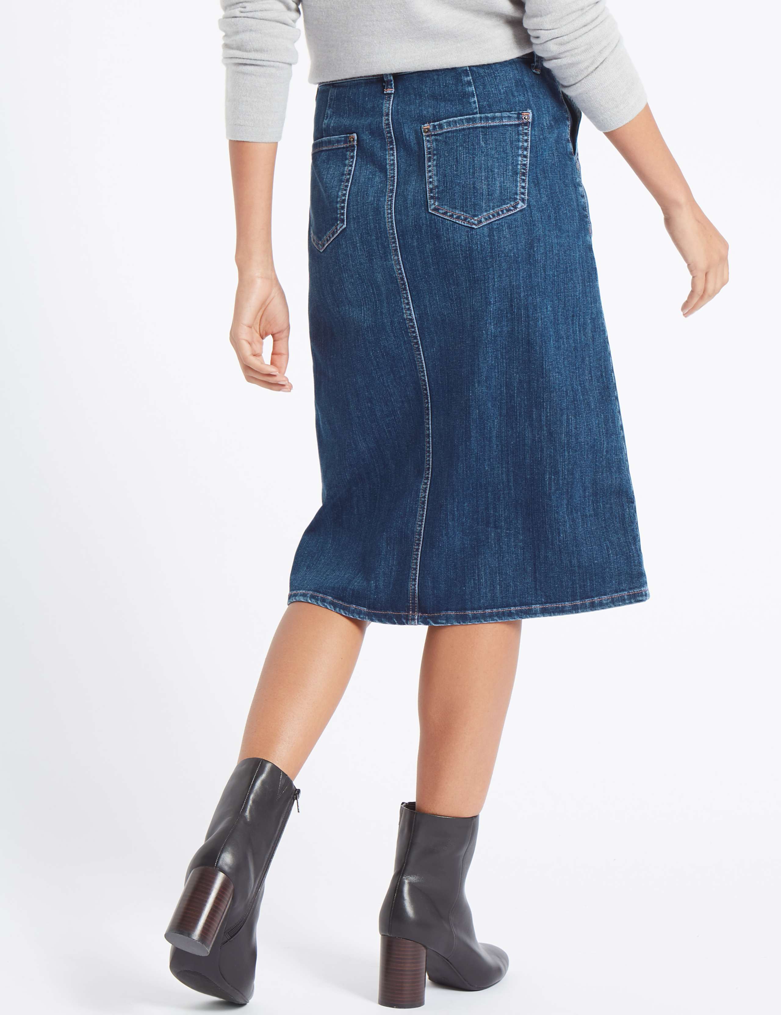 Denim Patch Pocket A-Line Midi Skirt 4 of 5
