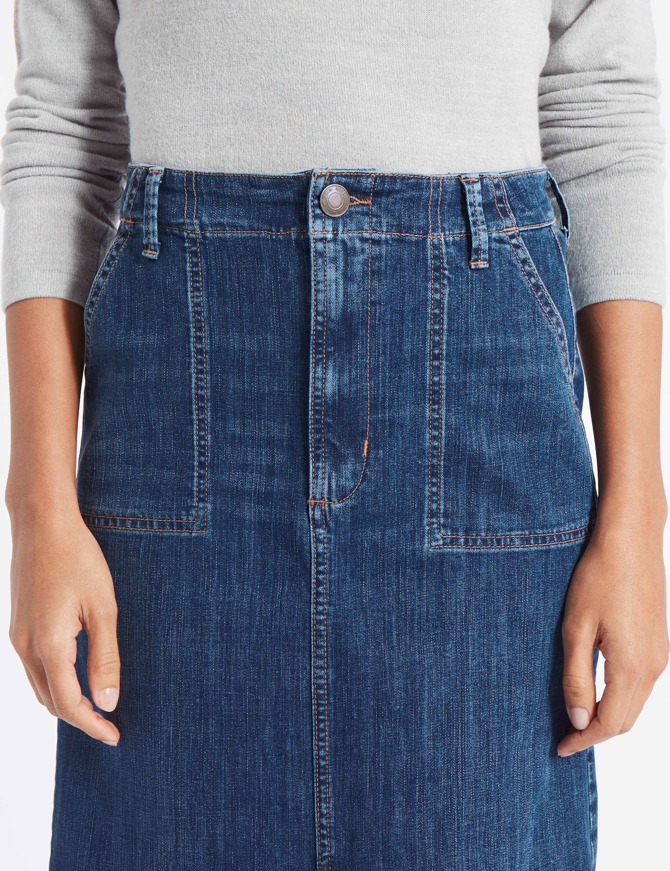 Denim Patch Pocket A-Line Midi Skirt 5 of 5