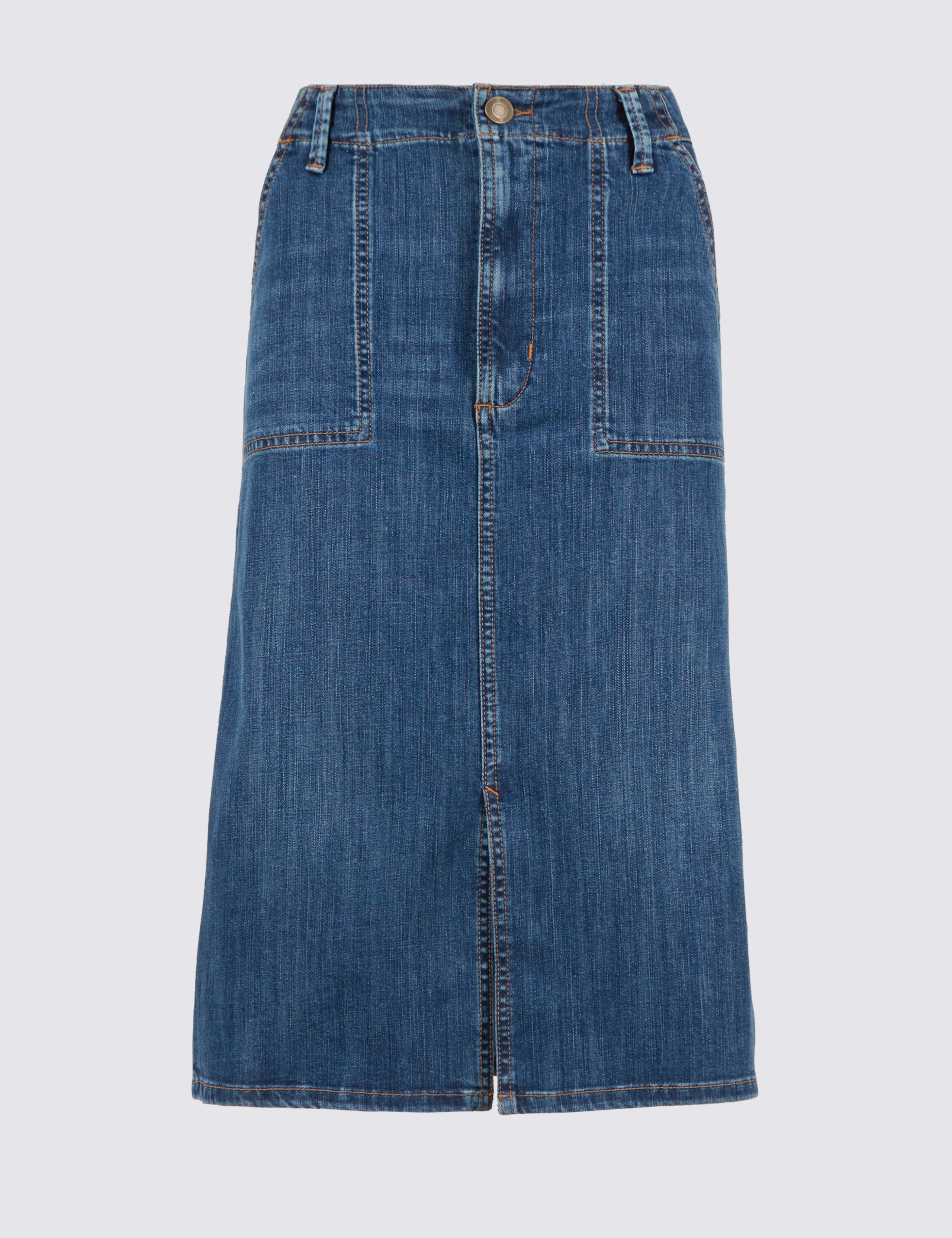 Denim Patch Pocket A-Line Midi Skirt 2 of 5