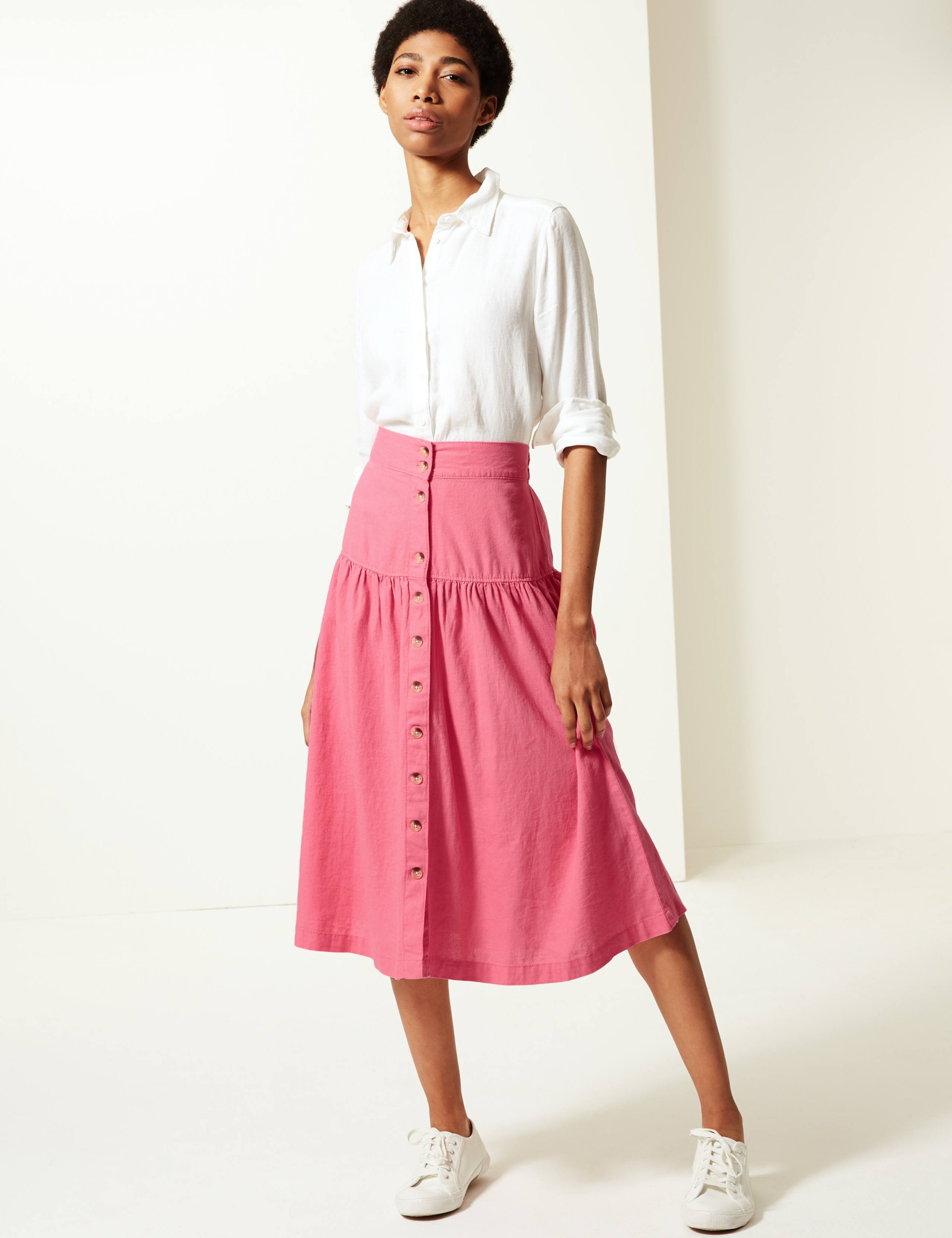 Linen Rich Button Detailed A-Line Midi Skirt M&S Collection M&S IE