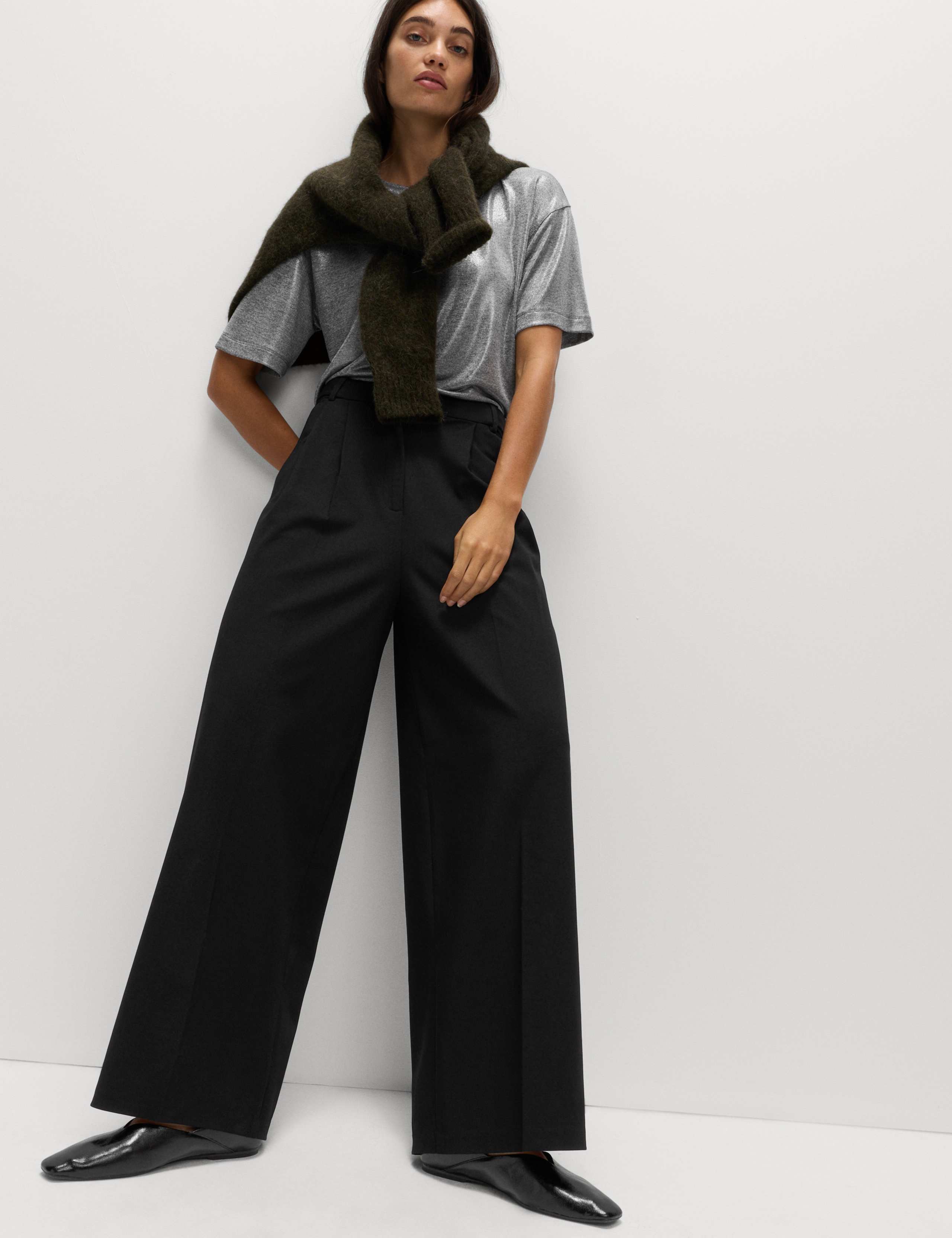 Pleated Wide Leg Trousers with Wool 1 of 6