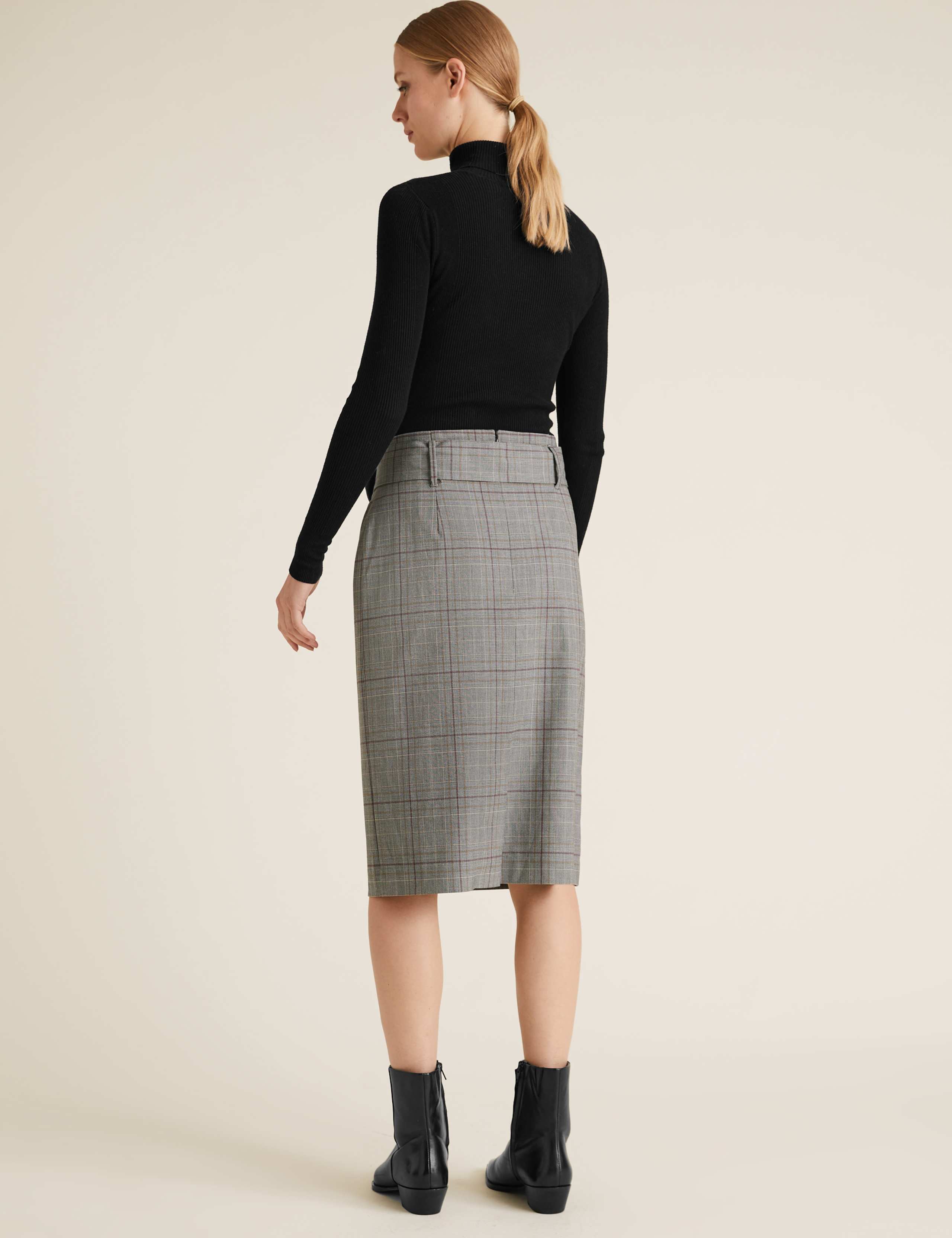 Checked Belted Knee Length Pencil Skirt 4 of 5