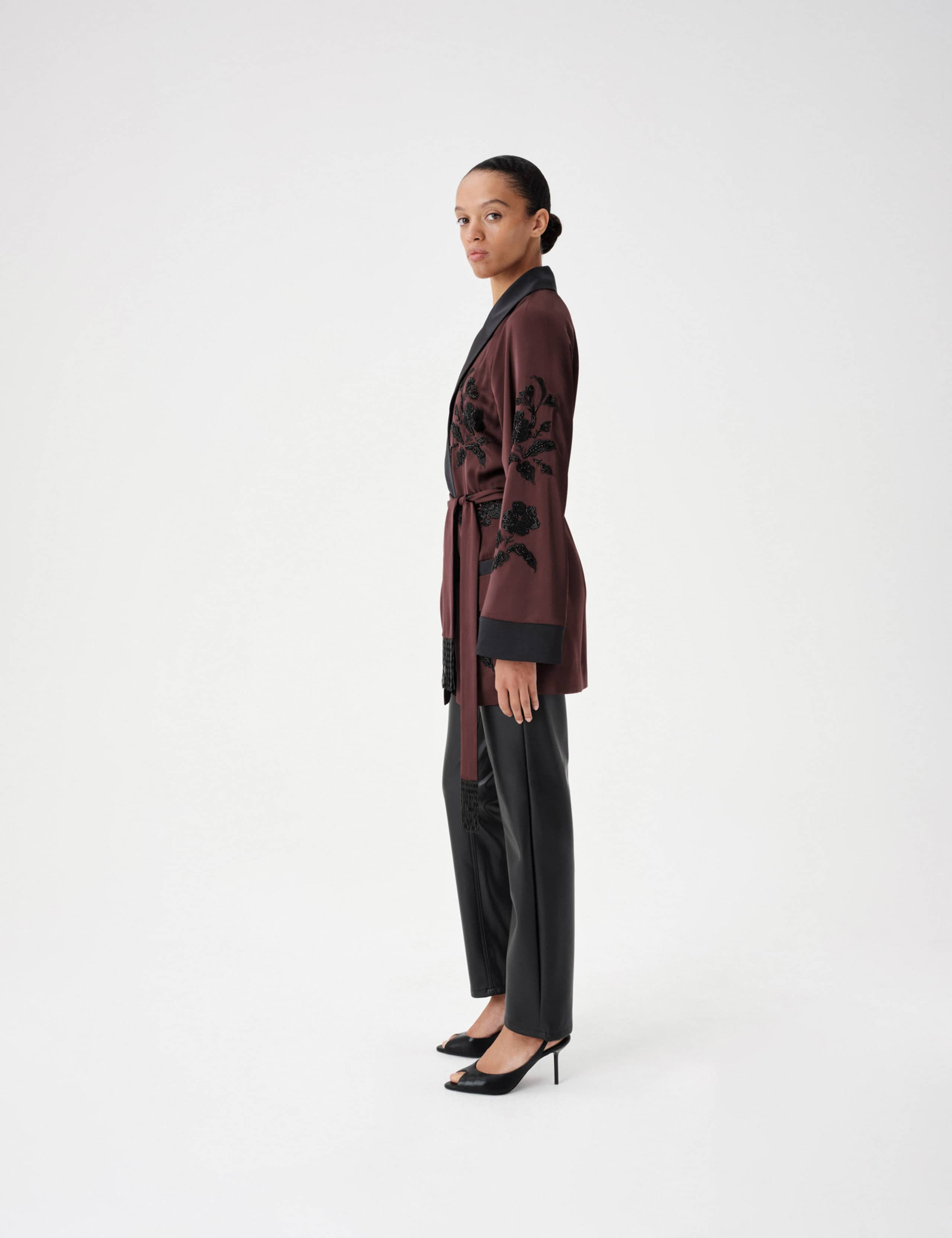 Satin Embellished Belted Longline Kimono Jacket 3 of 5