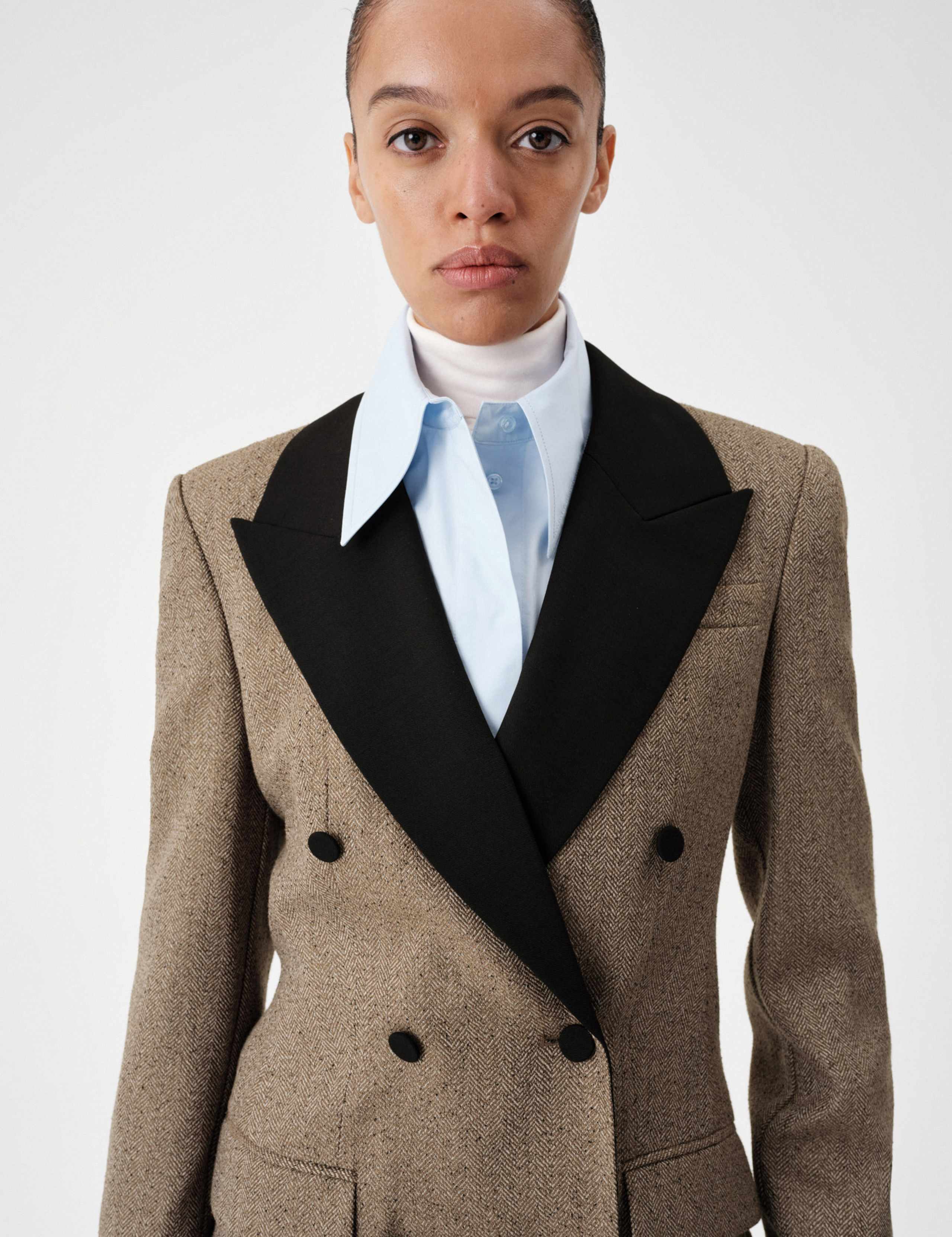 Tweed Fitted Herringbone Contrast Double Breasted Fitted Jacket 4 of 5