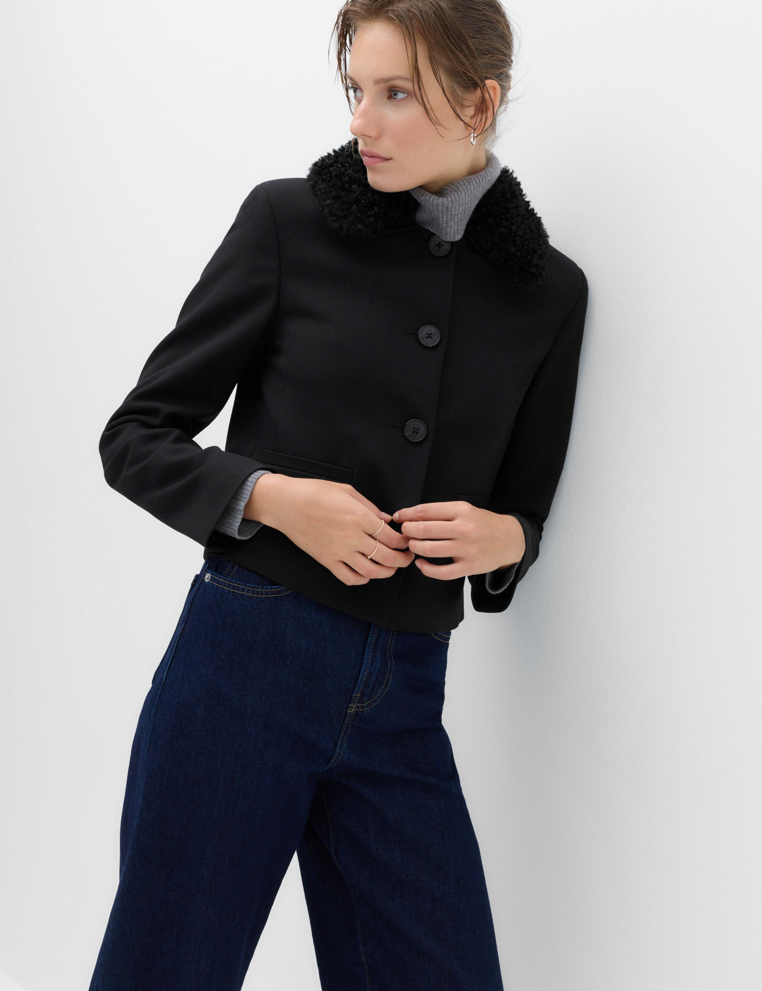 Faux Fur Trim Collared Short Jacket with Stretch 1 of 7