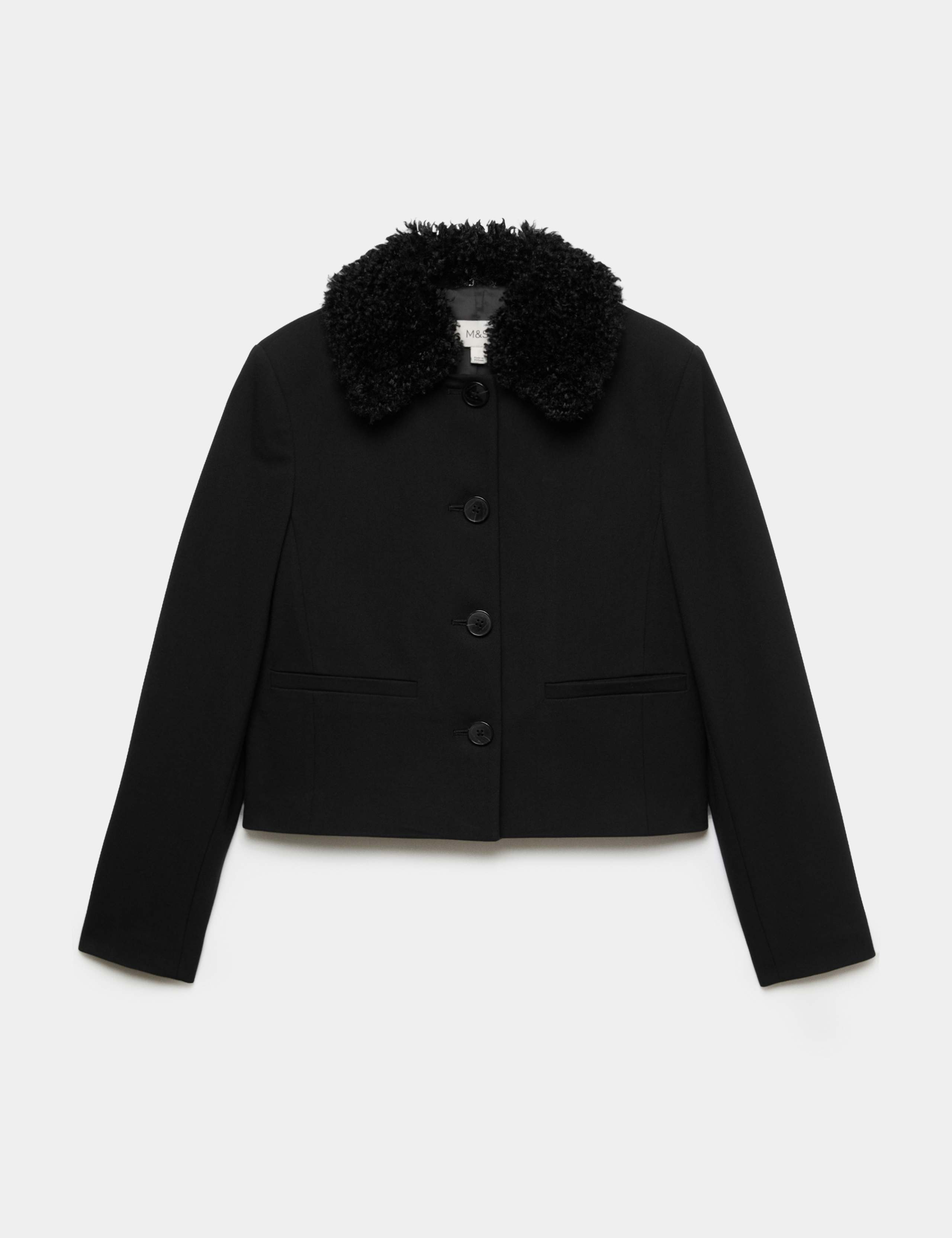 Faux Fur Trim Collared Short Jacket with Stretch 2 of 7