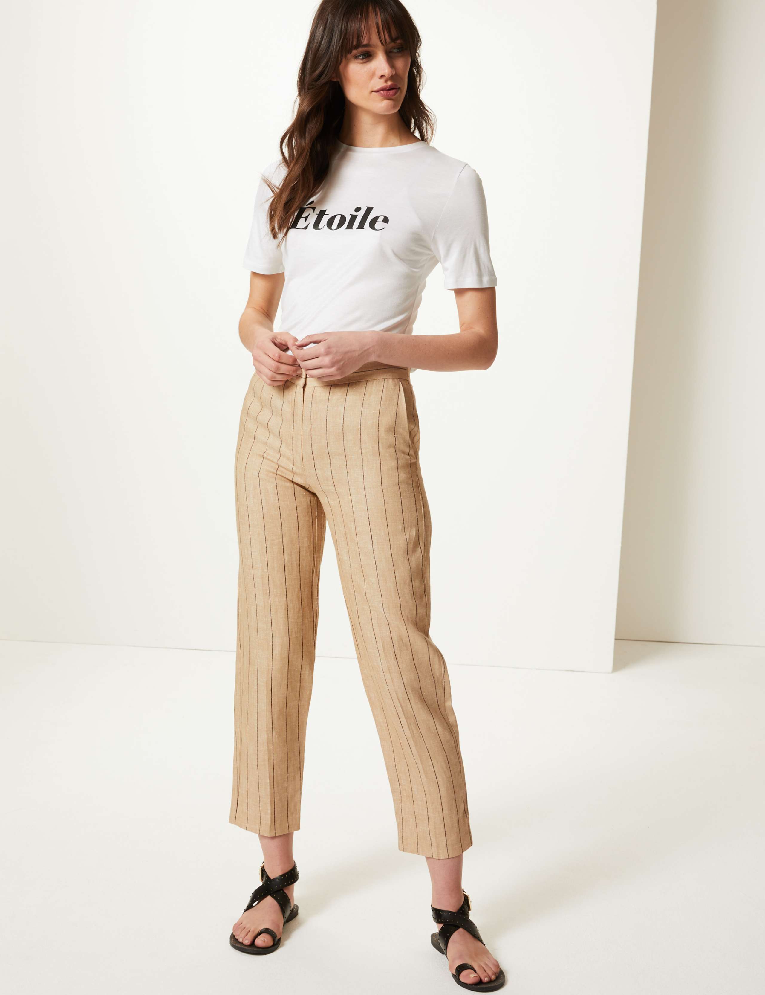 Pure Linen Striped Ankle Grazer Trousers 1 of 5
