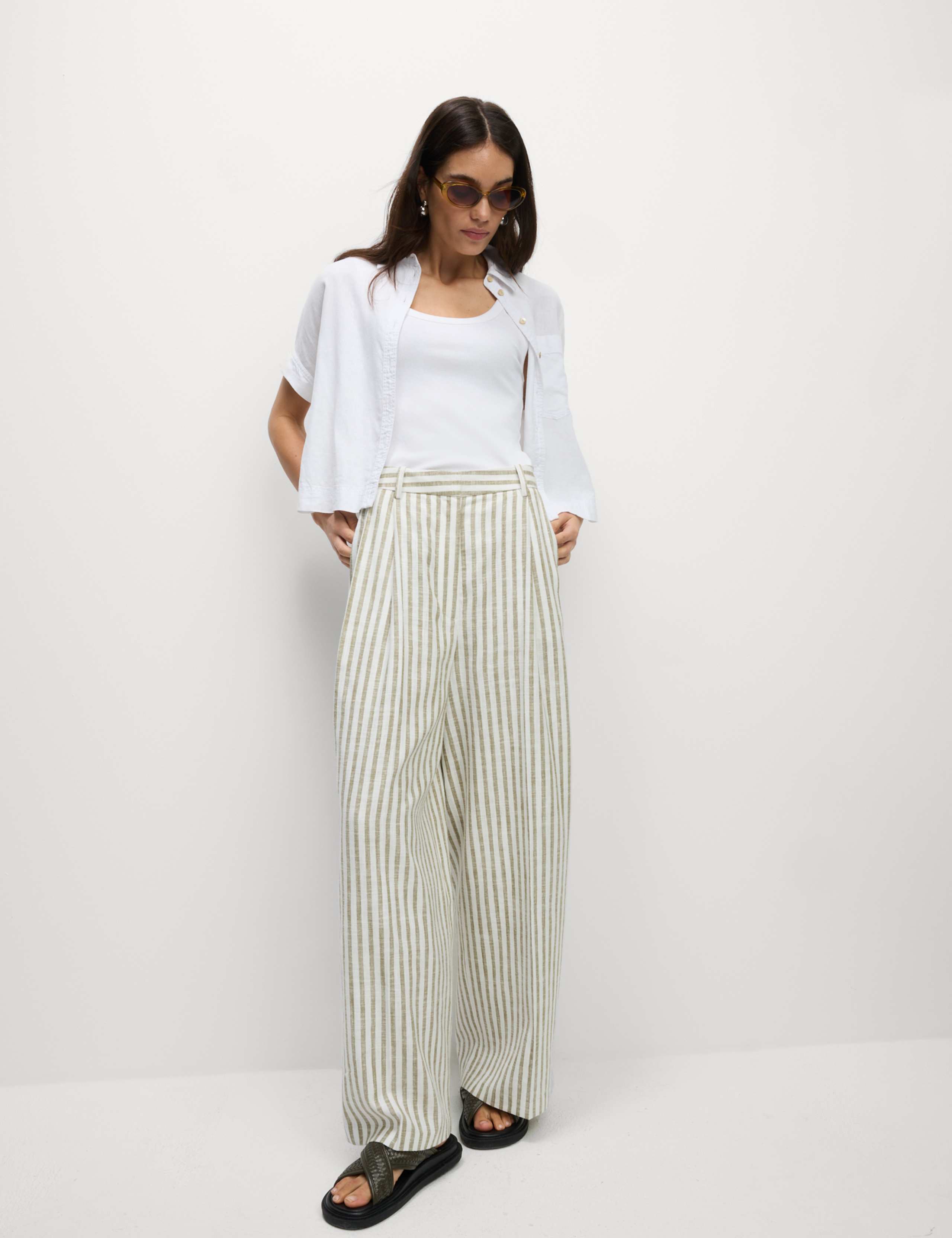 Linen Blend Striped Pleated Wide Leg Trousers 3 of 7
