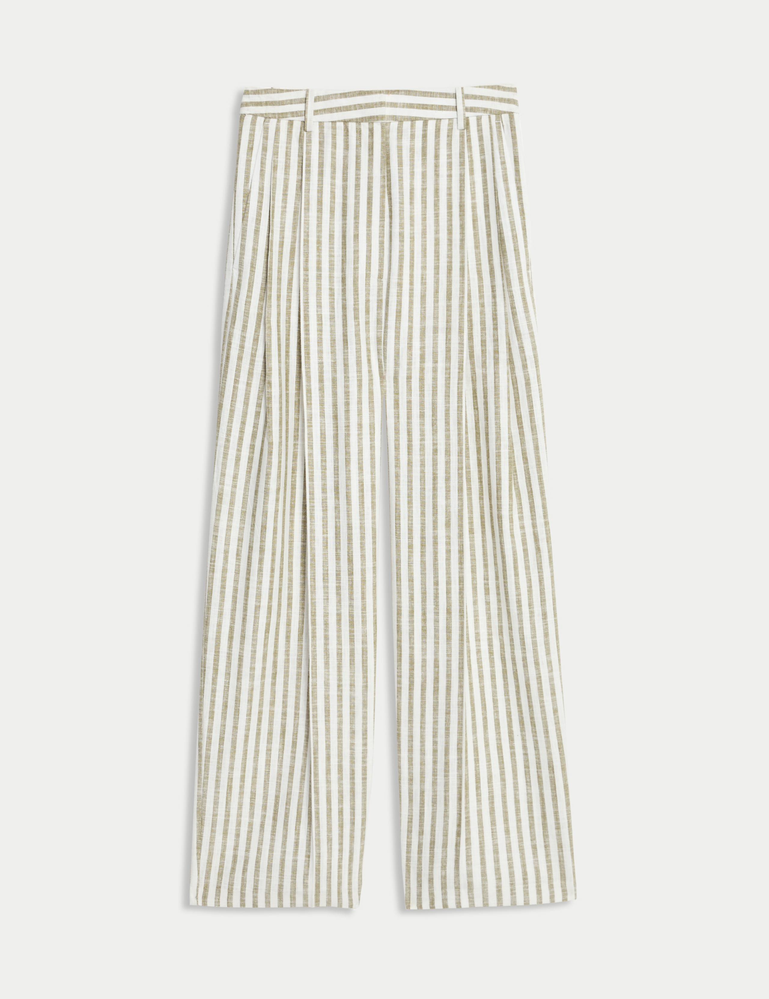 Linen Blend Striped Pleated Wide Leg Trousers 2 of 7